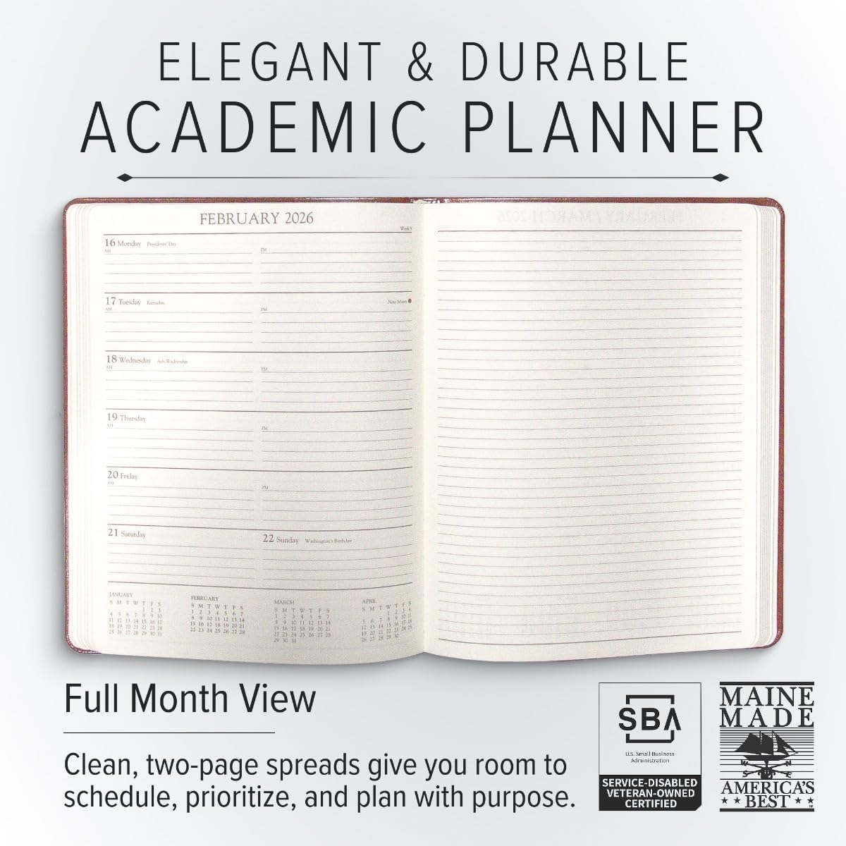 Gallery Leather Academic Planner 2025-2026, Teacher and Student Weekly Monthly Planner, Elegantly Bound Calendar with Gold-Gilded Page Edges, 18 Months - Acadia Wild Rose - 9x7"