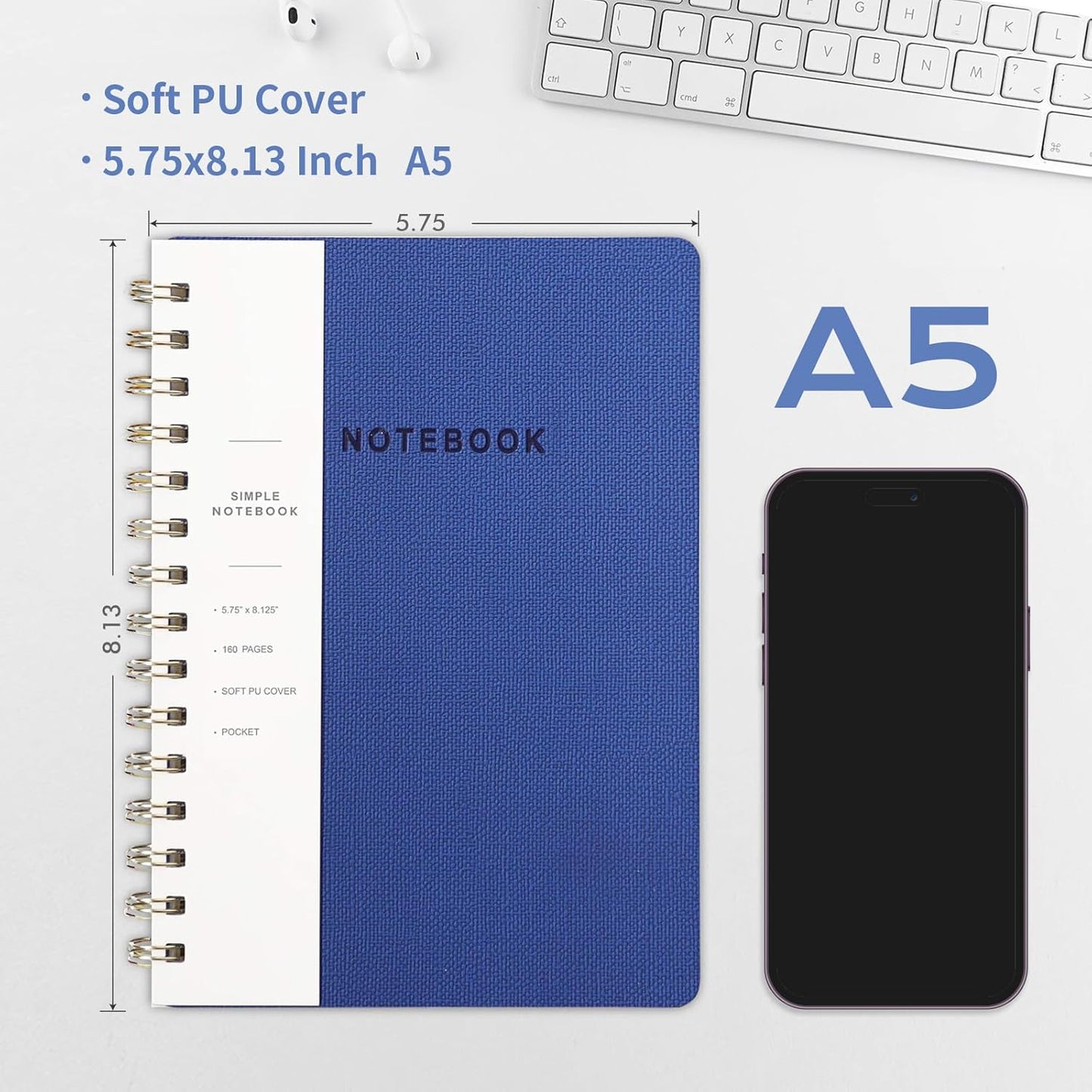 Lined Spiral Notebook College Ruled A5 Journal Book for Note Taking, 160 Pages Writing Journal for Office and Home School Supplies 5.75 x 8.125 inch (6pack-3Black/3NavyBlue)