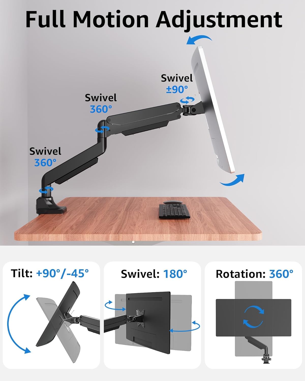MOUNTUP Single Monitor Mount fits 43 42 40 39 37 34 32 27 inch Ultrawide Screen, Holds 6.6-33lbs, Computer Monitor Arm Desk Mount, Heavy Duty Gas Spring Monitor Stand with C-clamp/Grommet Base