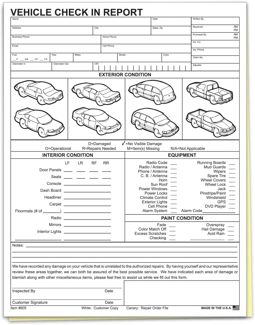Vehicle Check-In Form Pad – 8.5" x 11" 2-Part Carbonless Auto Condition Report – White & Canary Copies – Service Intake Sheet for Car Dealerships, Repair Shops & Mechanics – Pack of 400
