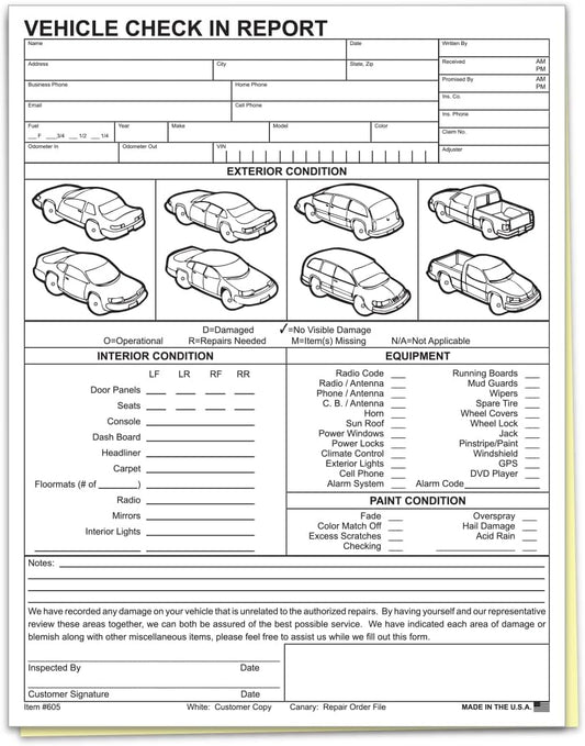 Vehicle Check-In Form Pad – 8.5" x 11" 2-Part Carbonless Auto Condition Report – White & Canary Copies – Service Intake Sheet for Car Dealerships, Repair Shops & Mechanics – Pack of 400