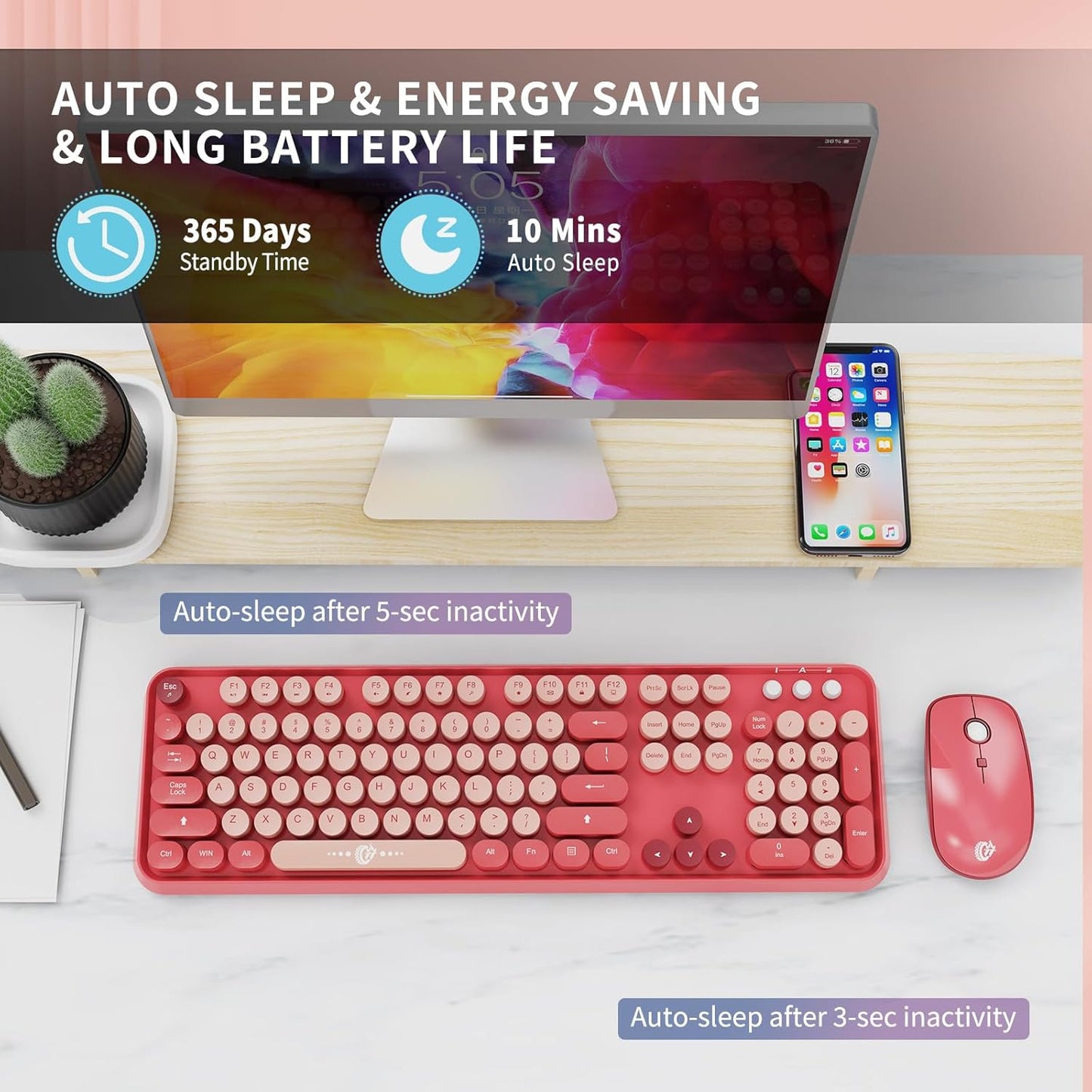 Wireless Keyboard and Mouse Combo, 104 Round Keys Cute Colorful Keyboard and Mouse with Retro Typewriter for PC/Mac/Laptop/Tablet/Computer/Windows Rose