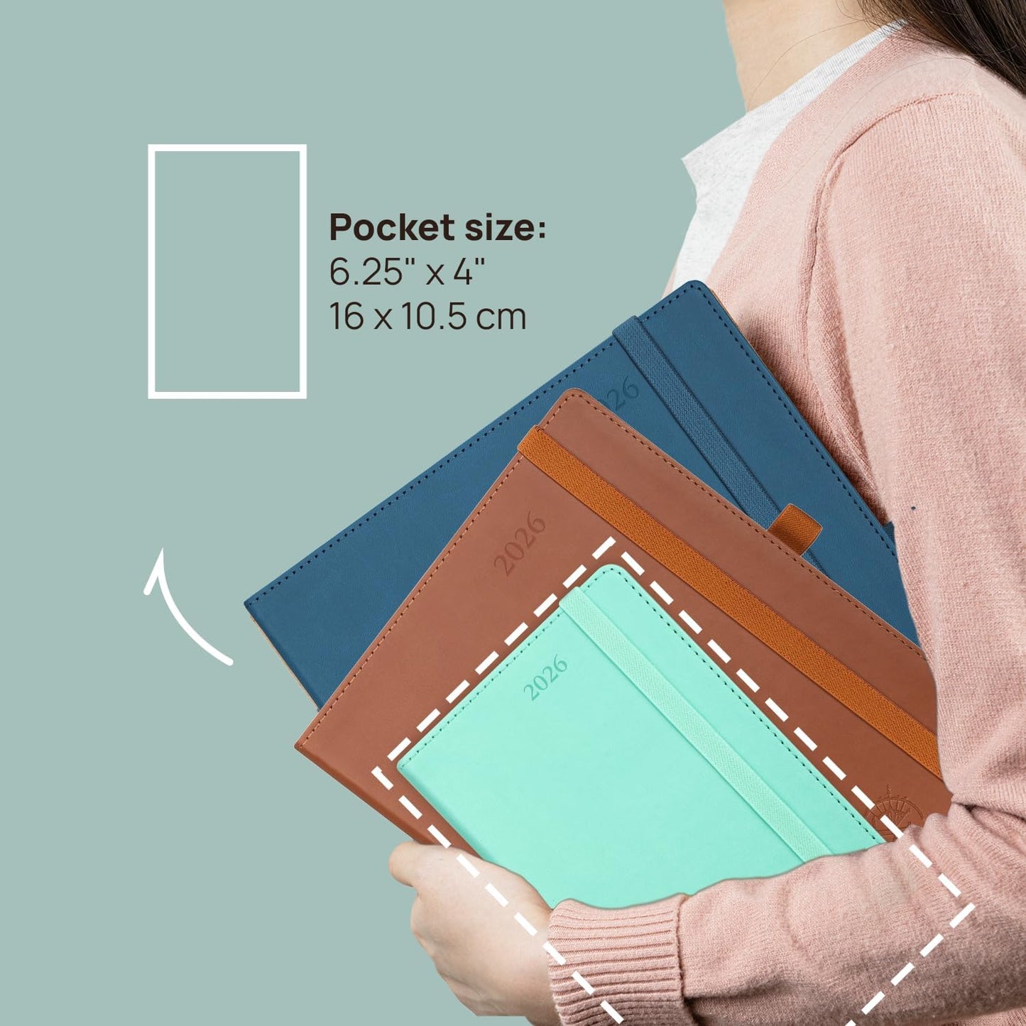 POPRUN Pocket Monthly Planner 2025-2026 (Pocket- 4''x 6.25''Soft Leather Cover) - 18 Month Calendar Book for Purse (Jul.2025-Dec.2026), 100 GSM Thick Paper - Green