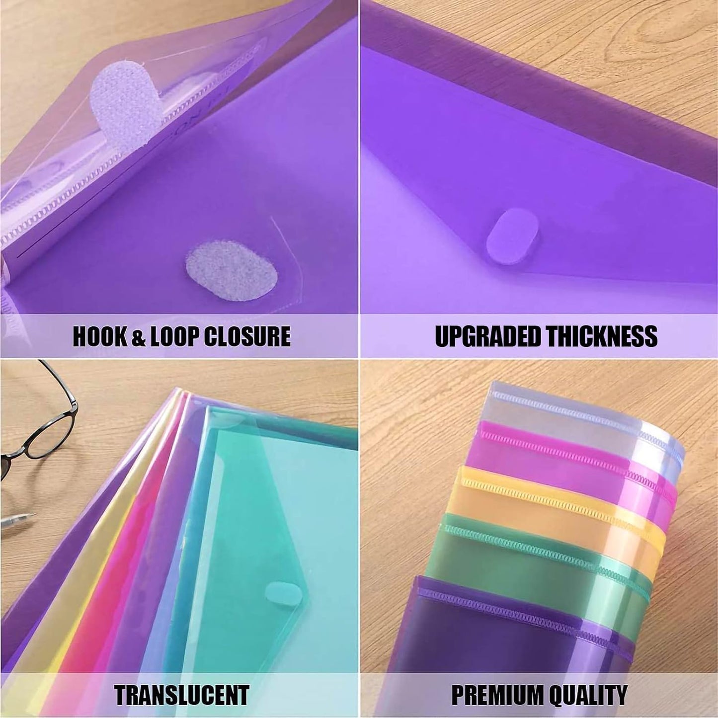 Sooez 12 Pack Plastic Envelopes Poly Envelopes, HeavyDuty File Folders, Clear Color Folders with Pockets, Folder for Documents Letter A4 Size, Filing Folders, Travel Bags, Office School Paper Storage