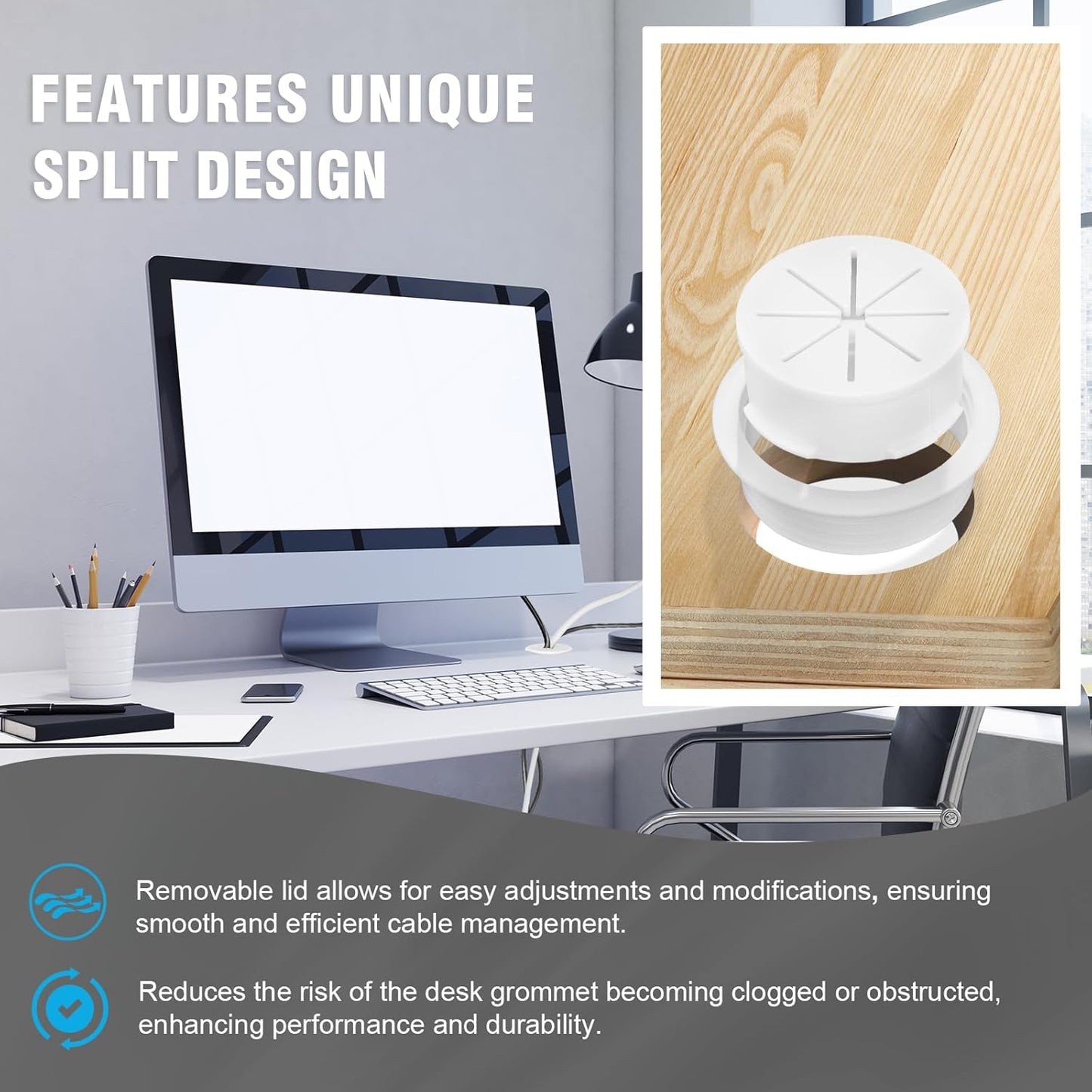 2" White Desk Grommet, JTemgle Flexible Cable Grommet Plastic Cable Hole Cover Wire Organizer Caps Desktop Cord Management for Home Office TV Stands Tabletops, 10 Pieces