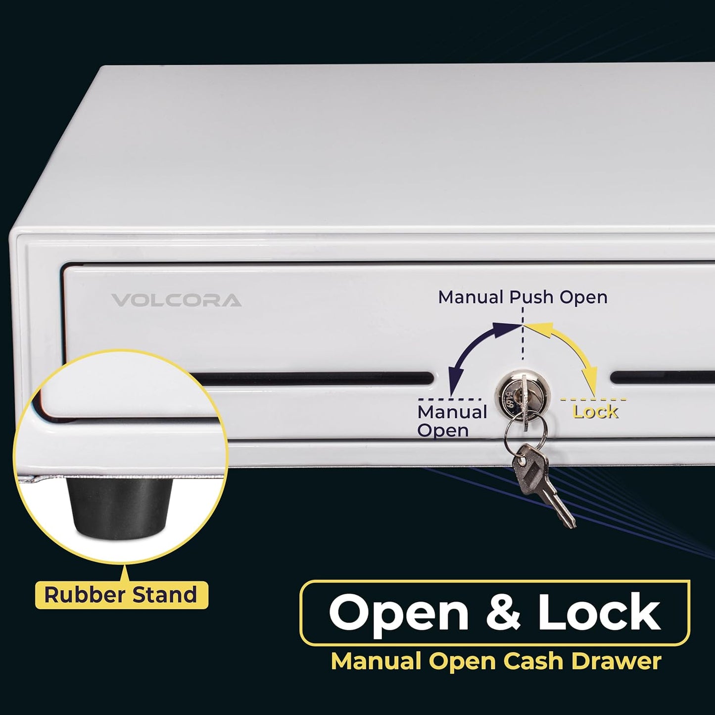 Volcora 16" Push Open Cash Register Drawer for Point of Sale (POS) System, Partial Removable White Heavy Duty Till with 5 Bills/8 Coin Slots, Key Lock and Double Media Slots