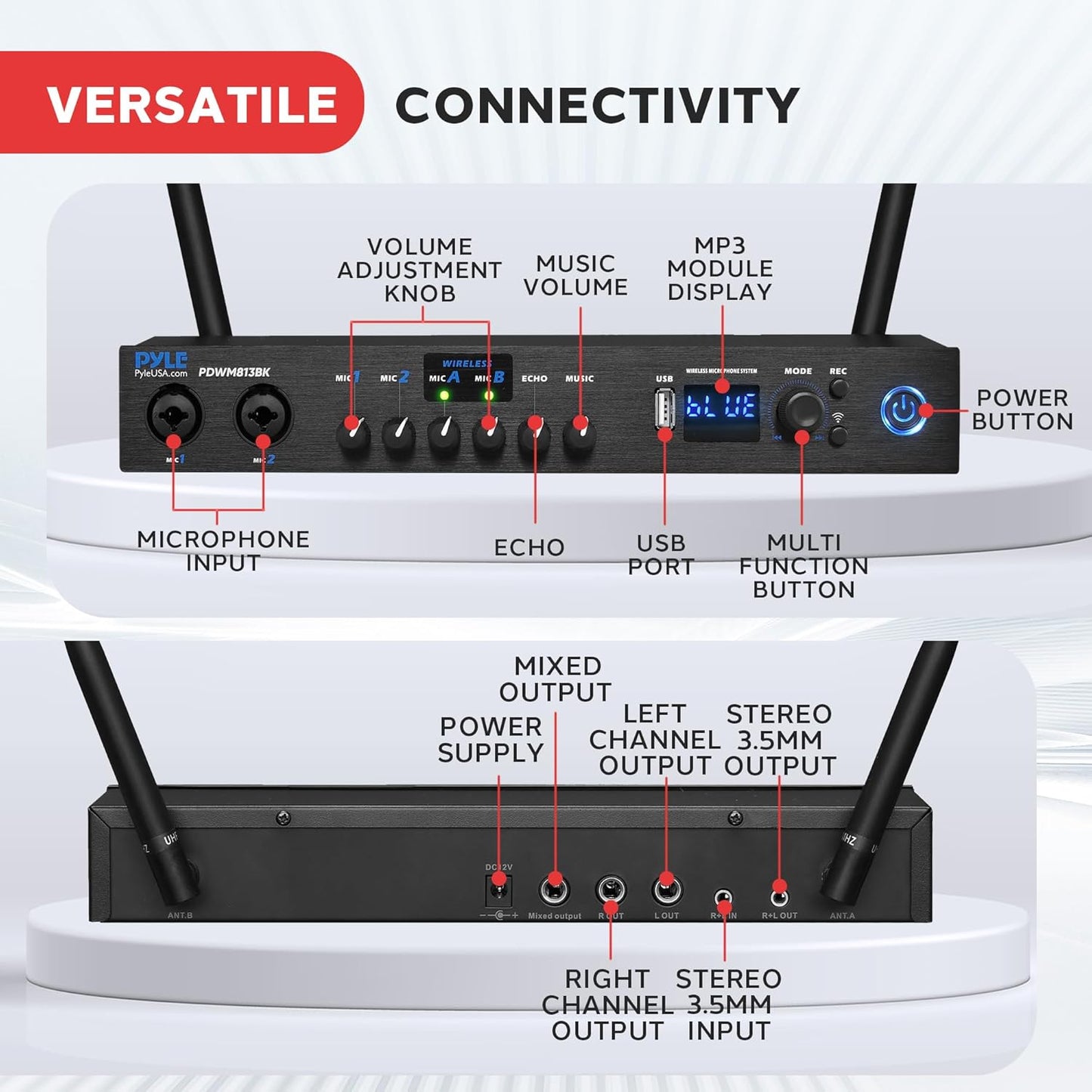 Pyle Digital Wireless Microphone System with Bluetooth - Includes 2 Dynamic UHF Handheld Mics, Portable Long-Range Receiver w/Built-in Echo Effect - for Live Pro Audio, Karaoke, Studio - PDWM813BK