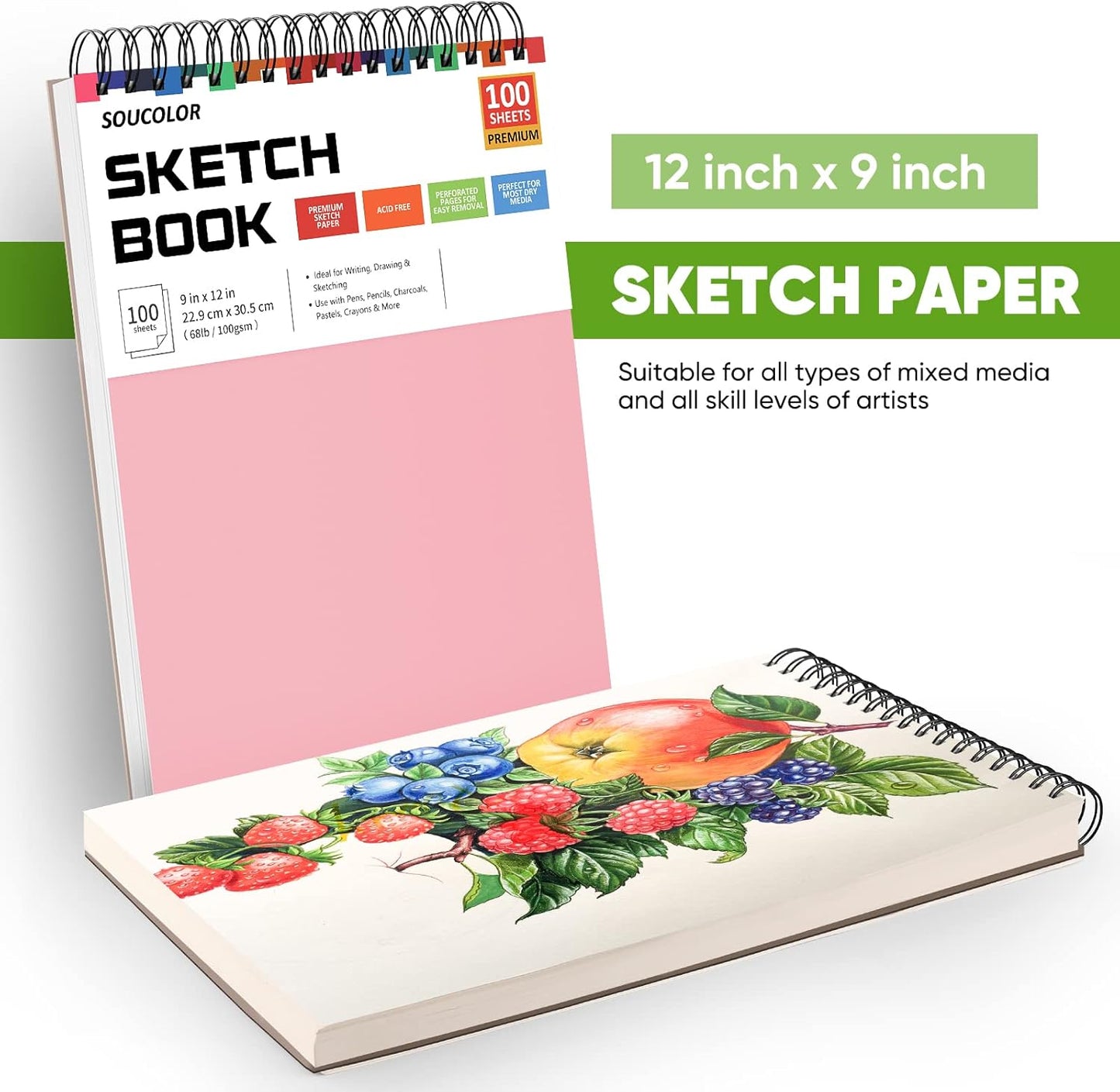 Soucolor Art Supply Set - Sketching & Drawing Kit, 9" x 12" Sketch Book, 2-Pack 100 Sheets Spiral Bound Art Sketchbook, Acid Free