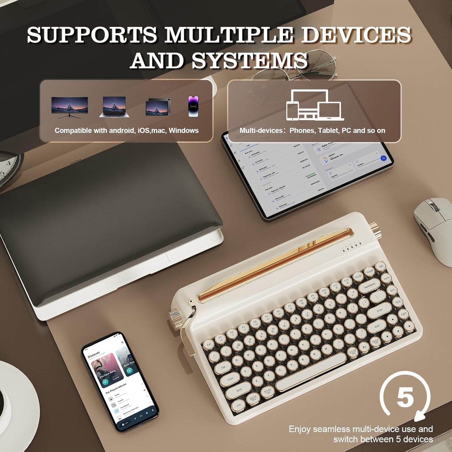 YUNZII QL75 Wireless Typewriter Hot Swap Retro Mechanical Keyboard,Punk Round Keycaps,RGB Backlit QMK/VIA Programmable, Multi-Device Keyboard with 2.4GHz/Type-C/BT5.0 (White, Cocoa Cream V2 Switch)