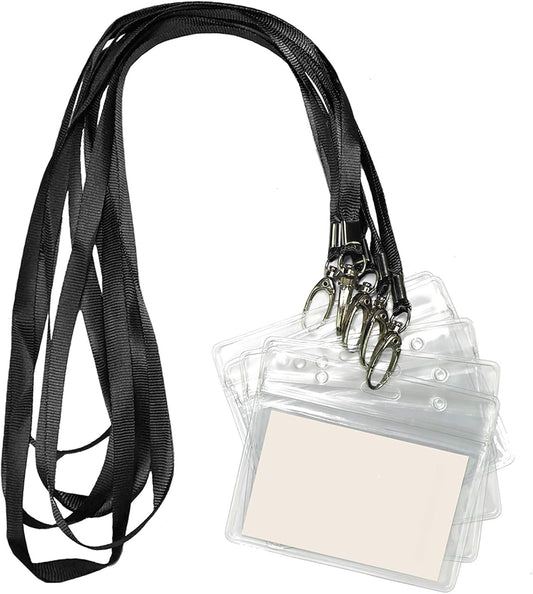 Lanyard with ID Holder 50 Pcs Waterproof Name Tag Horizontal Badge ID Card Holders ID Pass Holder and 50 Pcs Flat Neck Black Lanyards Swivel Hook