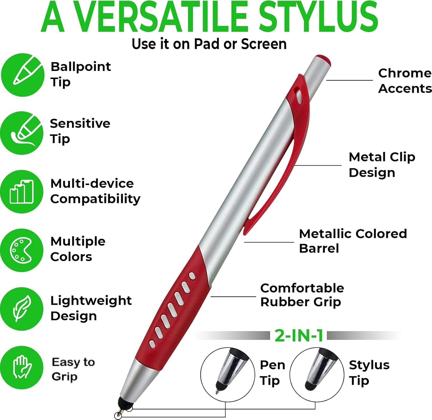 Stylus Pen, 2 in 1 Capacitive Stylus & Ballpoint Click Pen with Comfort Grip for Universal Touchscreen Devices, Tablets,iPad, iPhone 6,6 Plus, iPod, Android, Samsung Galaxy(Silver 10 Pack)