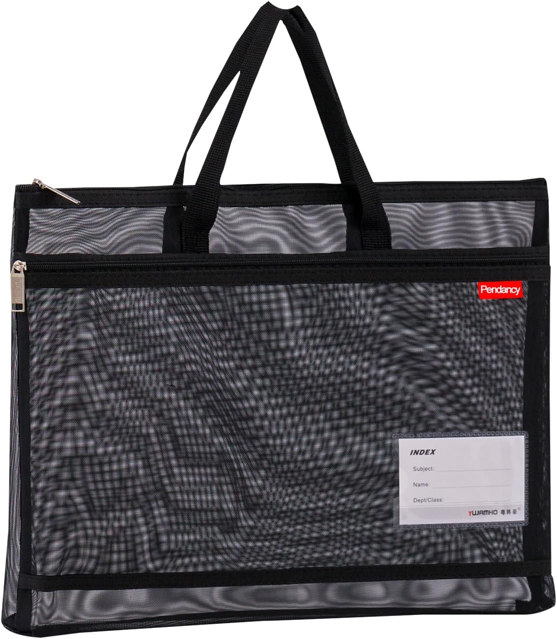 Pendancy Mesh Zipper Pouch A4 Size, Large Double Pocket Lightweight Nylon Transparent File Bag with Handle, 11x13.8 in Foldable Document Storage for Puzzle Project/Cross Stitch/Travel/Office (Black)