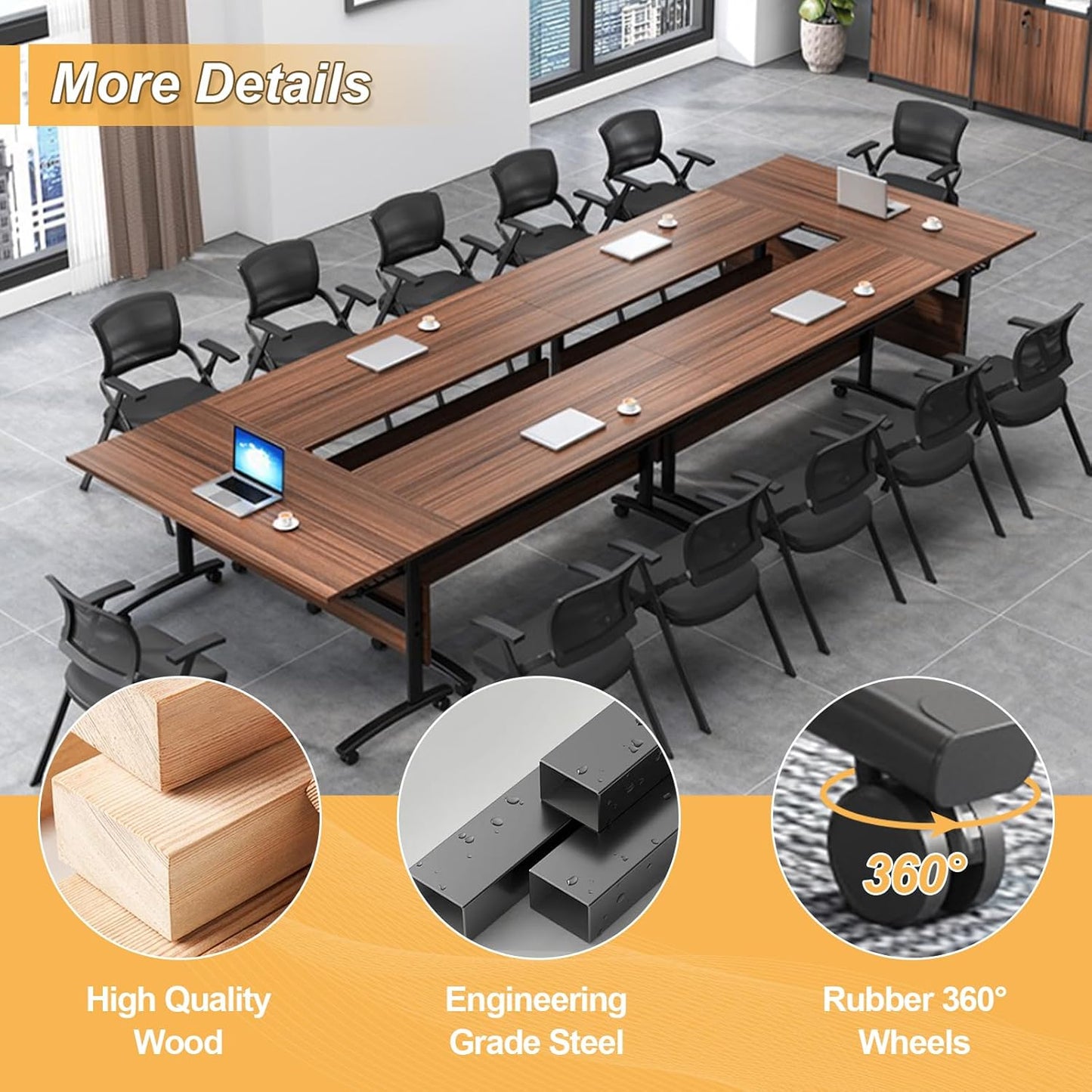 Conference Room Table with Silent Wheels, Mobile Folding Conference Table for 16 Person,Flip Top Office Training Tables with Walnuts Wood Tabletop, for School,Business Meeting Rooms (8Pack 63in)