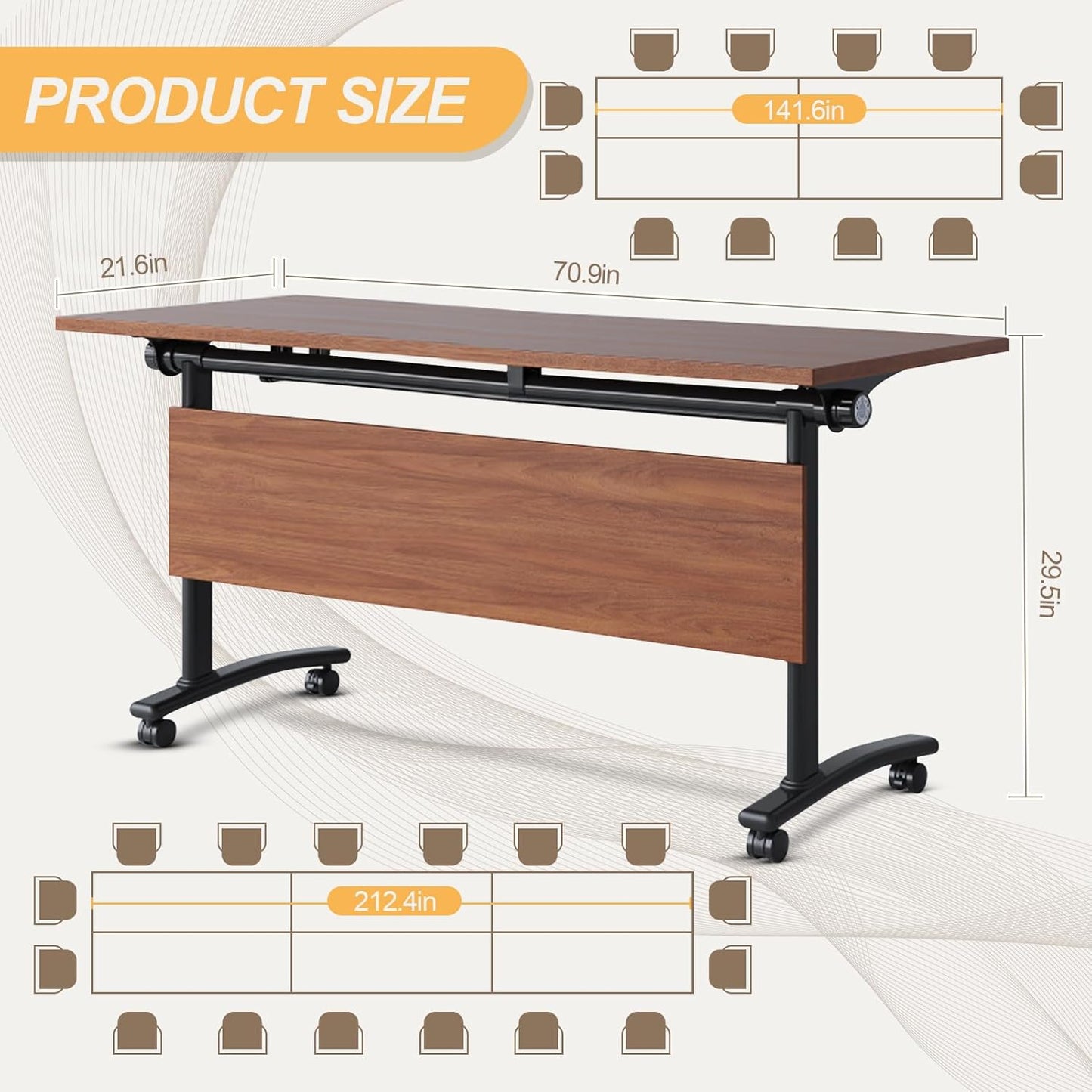 Conference Room Table with Silent Wheels, Mobile Folding Conference Table for 16 Person,Flip Top Office Training Tables with Walnuts Wood Tabletop, for School,Business Meeting Rooms (4 Pack 71in)