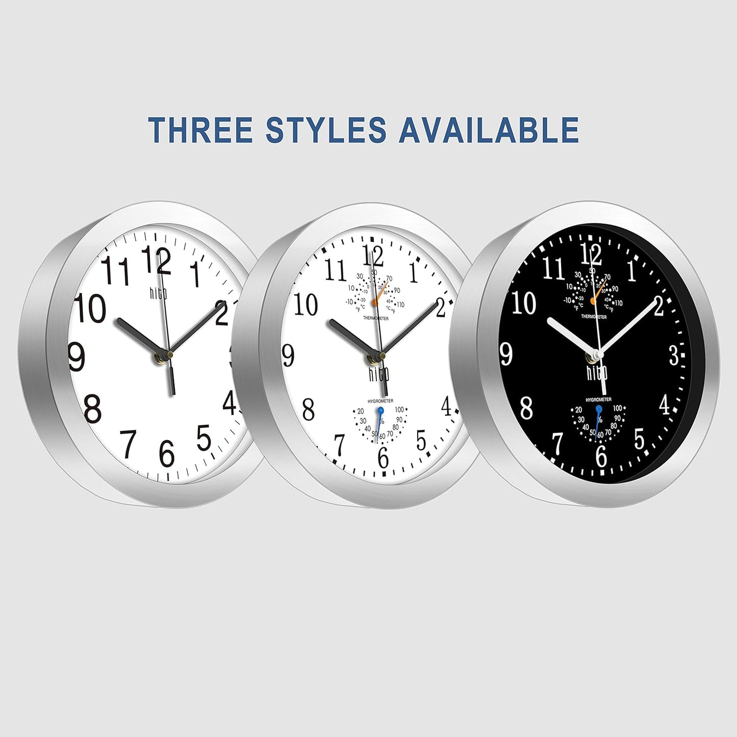 HITO 10 Inch Silent Wall Clock Battery Operated Non Ticking Glass Cover Silver Aluminum Frame, for Kitchen, Bedroom, Home Office, Living Room Decor (Black)