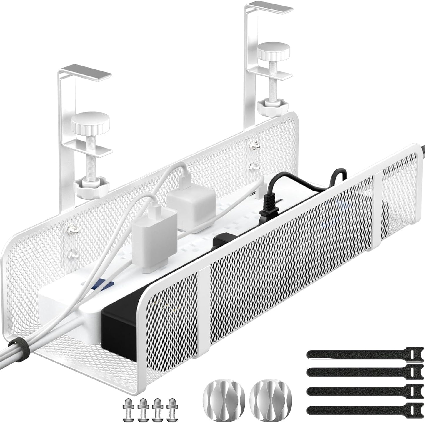 Under Desk Cable Management Tray, Wire Management Desk Cable Organizer Cable Management Box, Cord Organizer Under Desk Storage Cable Raceways for Office, Home - No Damage to Desk No Drill