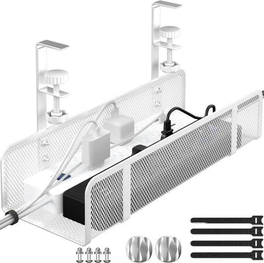 Under Desk Cable Management Tray, Wire Management Desk Cable Organizer Cable Management Box, Cord Organizer Under Desk Storage Cable Raceways for Office, Home - No Damage to Desk No Drill