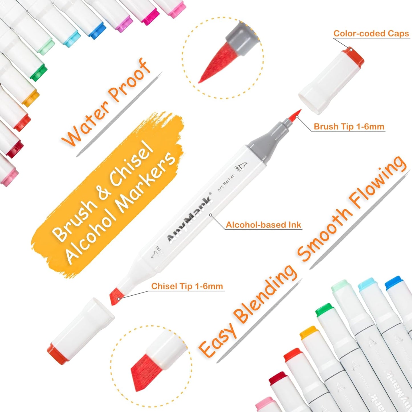 AnyMark Alcohol Markers Brush Tip, 60+1 Colors Dual Tip Brush & Chisel Alcohol-Based Art Markers Set with Case for Adult Artists Drawing Coloring