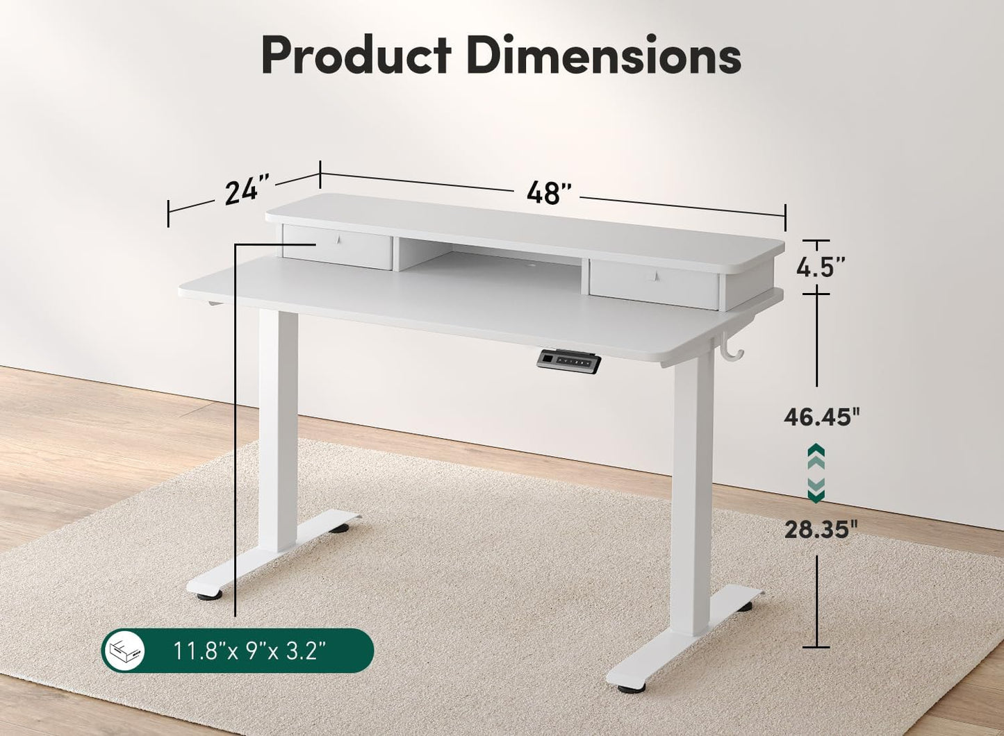 FEZIBO 48 x 24 Inch Height Adjustable Electric Standing Desk with Double Drawer, Computer Desk, Home Office Stand Up Table with 4 Height-Adjustable Feets & 2 Hooks, White