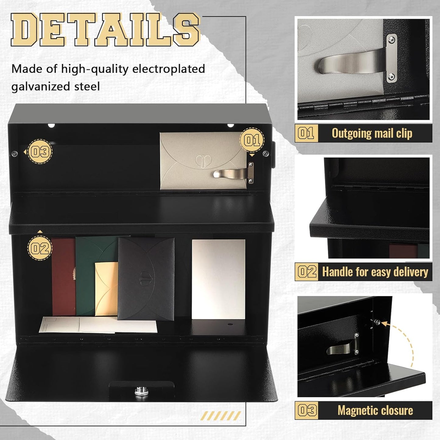 Extra Large Wall Mount Mailboxes for Outside 18 x 16.5 x 7 Inches Locking Security Mail Box Galvanized Steel Wall Mailbox Large Capacity Post Box with Key Lock and Reflective Stickers(Black)