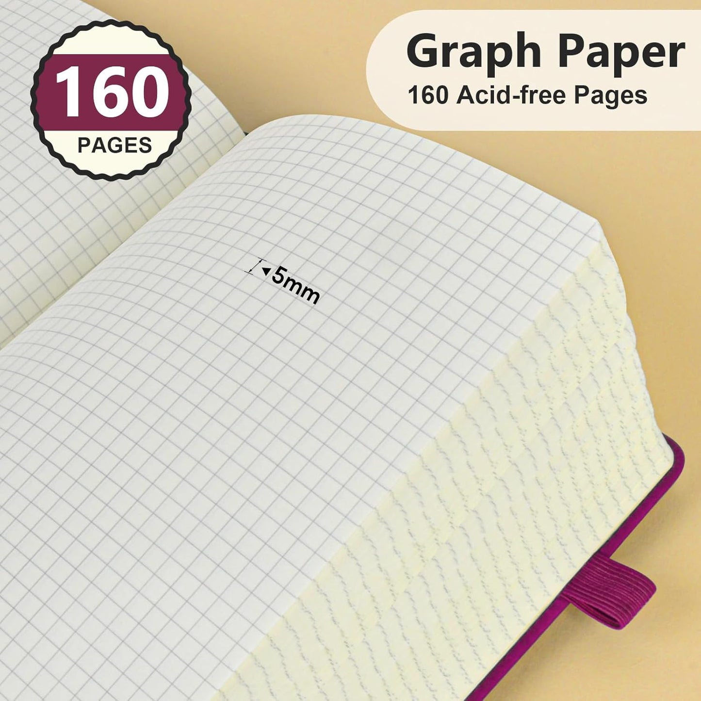 PERCUN Graph Paper Notebook, 160 Pages Grid Journal for women & men, A5 Hardcover Leather Graphing Notebook for School, Work, Travel, Note Taking 5.9”x8.5” (Burgundy)