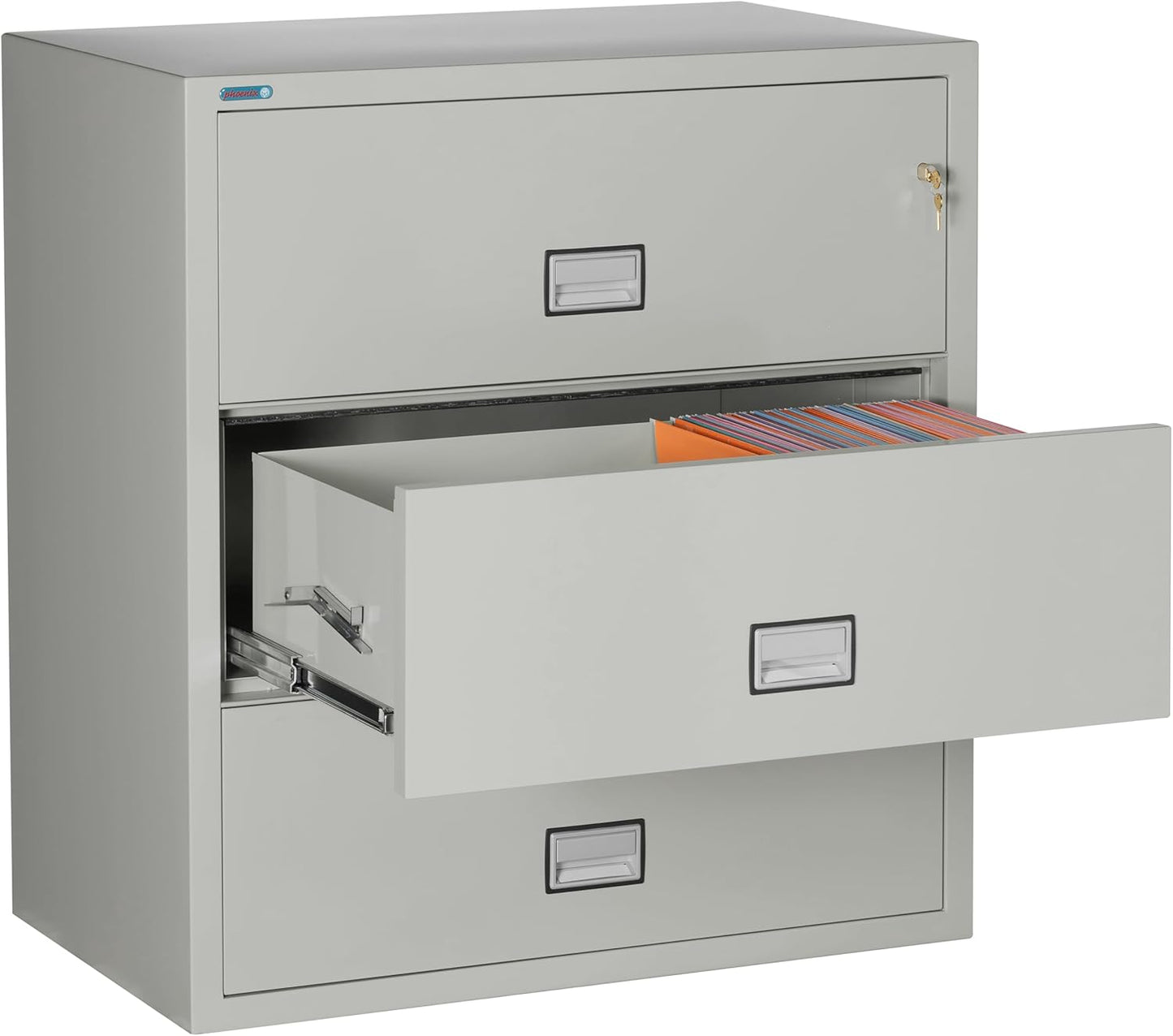 38 inch Wide 3-Drawer Lateral Fireproof File Cabinet – Legal and Letter Size Filing – Key Lock – Water Resistant – Fire Safe and Impact Rated – Light Gray Finish – Model LAT3W38LG