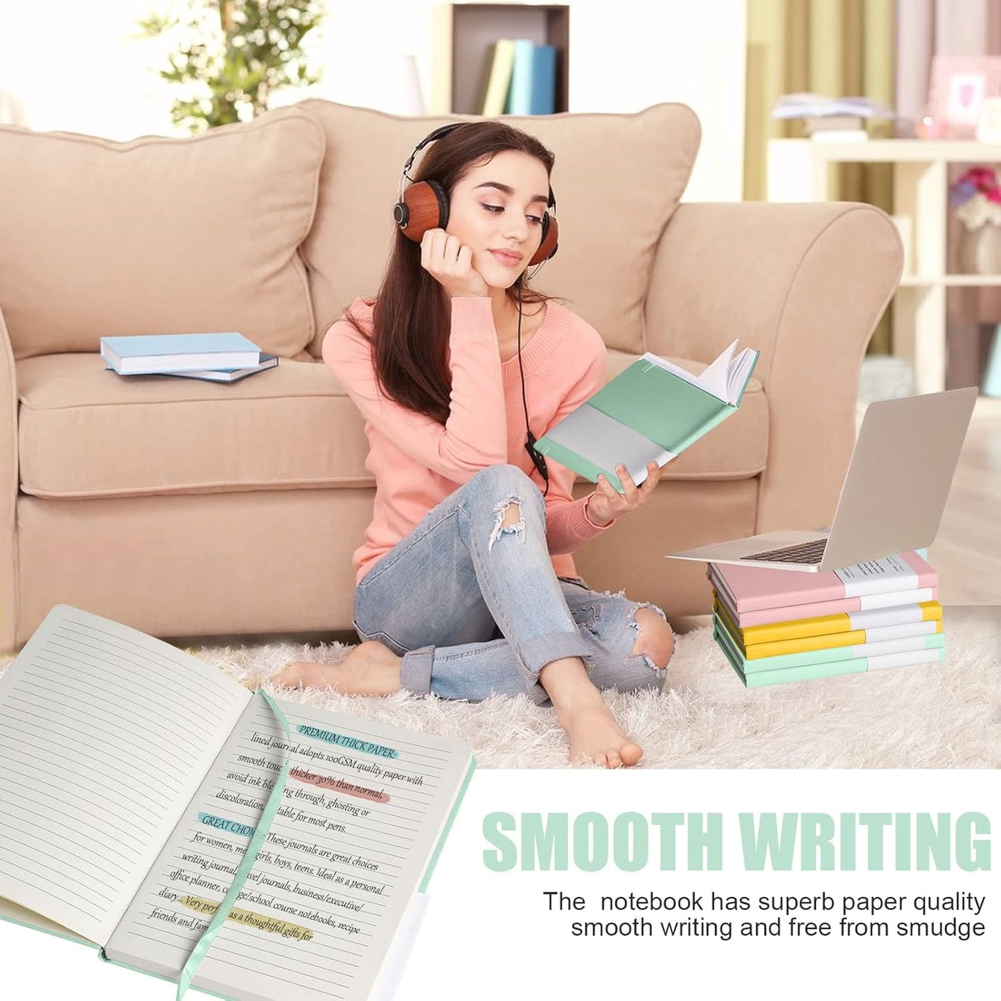 Lined Journal Notebook, 6Pack(Eggshell Green), 160 Pages, Medium 5.7 inches x 8 inches - 100 gsm Thick Paper, Hardcover