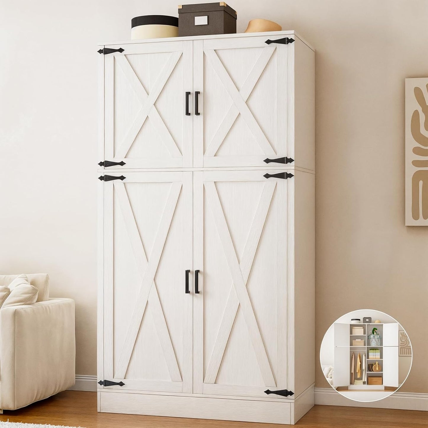 Unikito 71'' Farmhouse Wardrobe Closet with Hanging Rod, 4 Barn Door Clothing Storage Cabinet with Adjustable Shelves, Freestanding Wardrobe Cabinet for Bedroom, Living Room, Cloak Room, Office, White