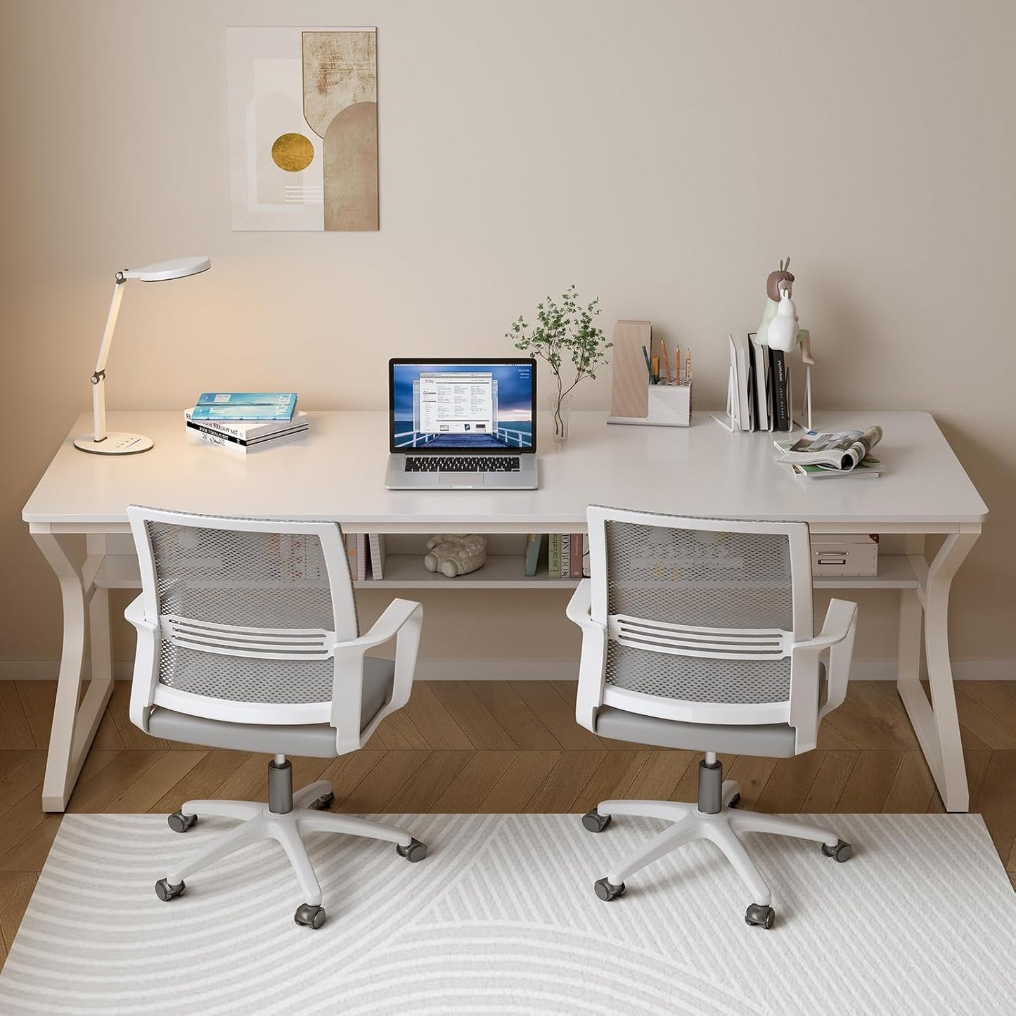 Extra Long Desk with Bookshelf - 71" Double Long Writing Table for 2-Person Workstation, Modern Study Work Computer Desk for Home and Office, Warm White