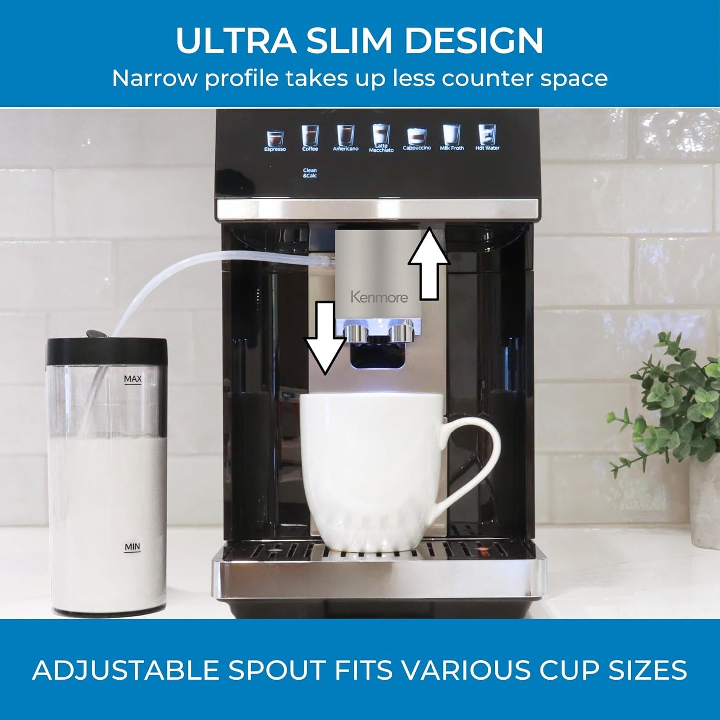 Koolatron Kenmore Espresso Machine – All-In-One Fully Automatic Coffee Maker with Auto Tamper, Descaler, Milk Steamer & Frother, Bean Grinder, Professional Barista Style Cappuccino, Cafe Latte, Black