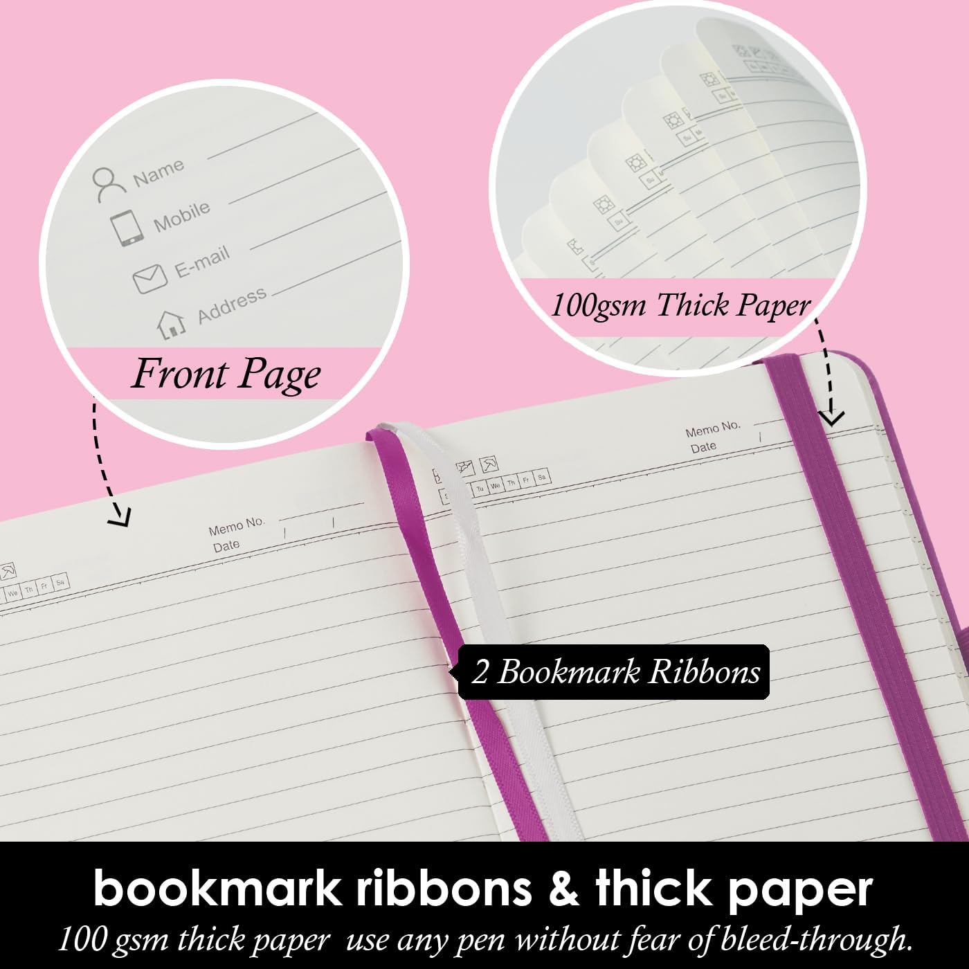 3 Pack Pocket Notebook Journal with Pen, Mini Small Notepad Notebook 3.7" x 5.7" for Women Writing, 408 Pages, Pearlescent Pink Purple Gold
