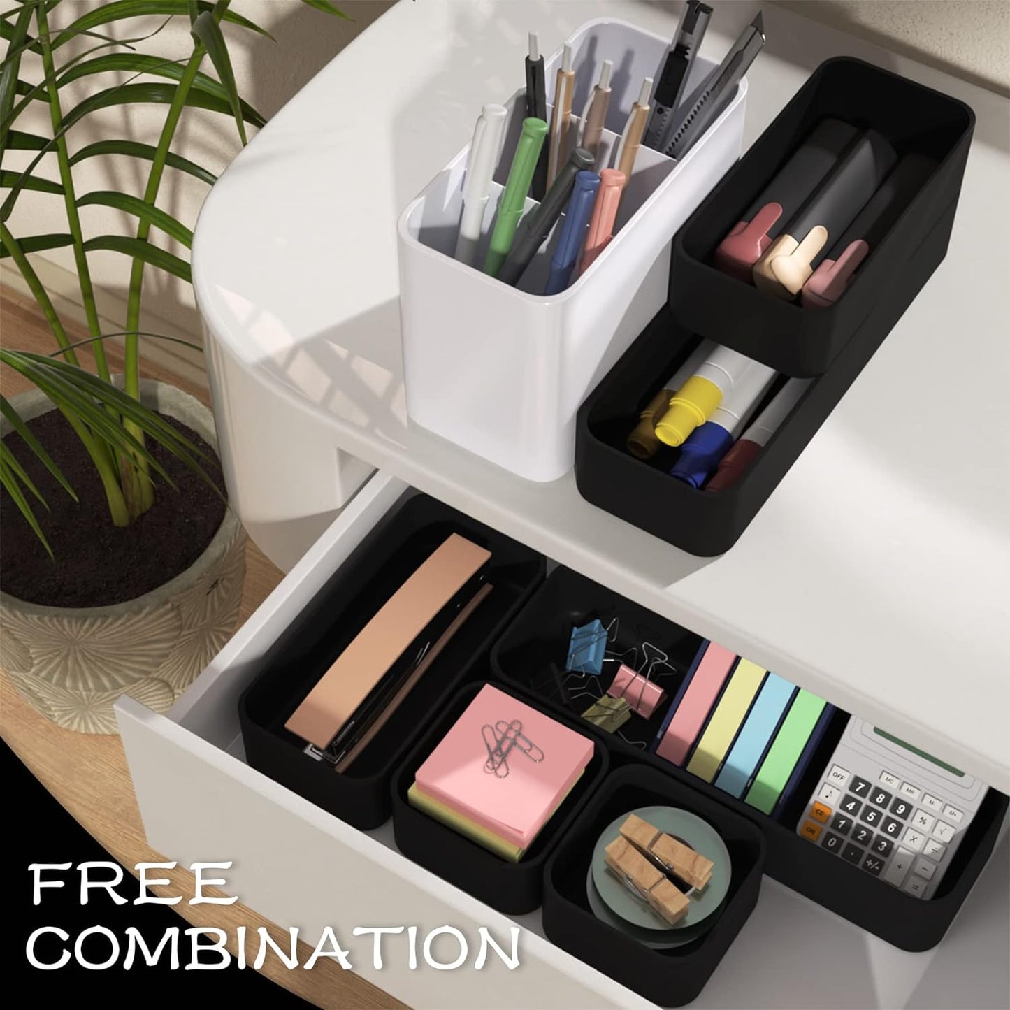 CHANCETSUI 6 PCS Stackable Drawer Organizers Set, Versatile Desk and Vanity Drawer Organizer Trays, Storage Bins for Makeup, Bathroom, Bedroom, Kitchen and Office, Black