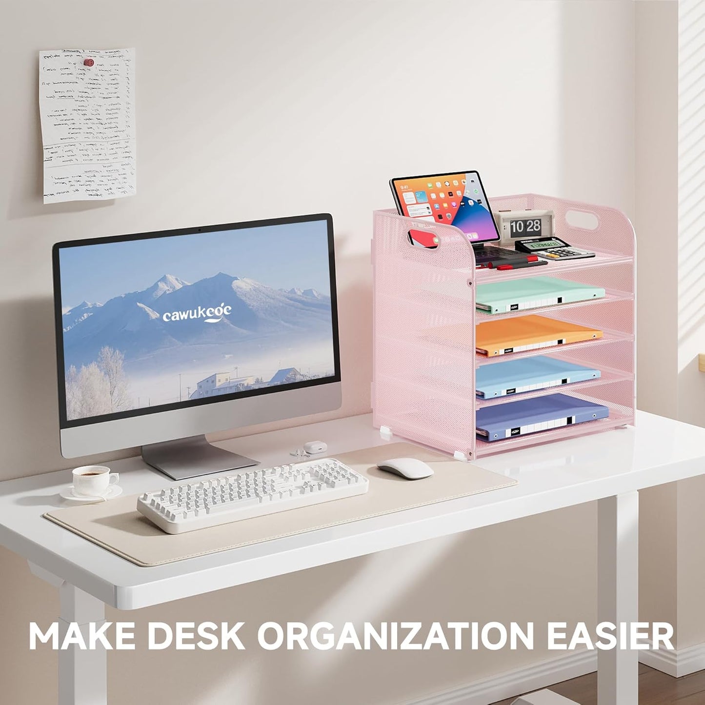 5 Tier Paper Organizer with Handle, Metal Mesh Desk Organizer File Folder Paper Letter Tray Desktop Document Sorter for Classroom, School, Office Accessories Organization and Storage - Pink