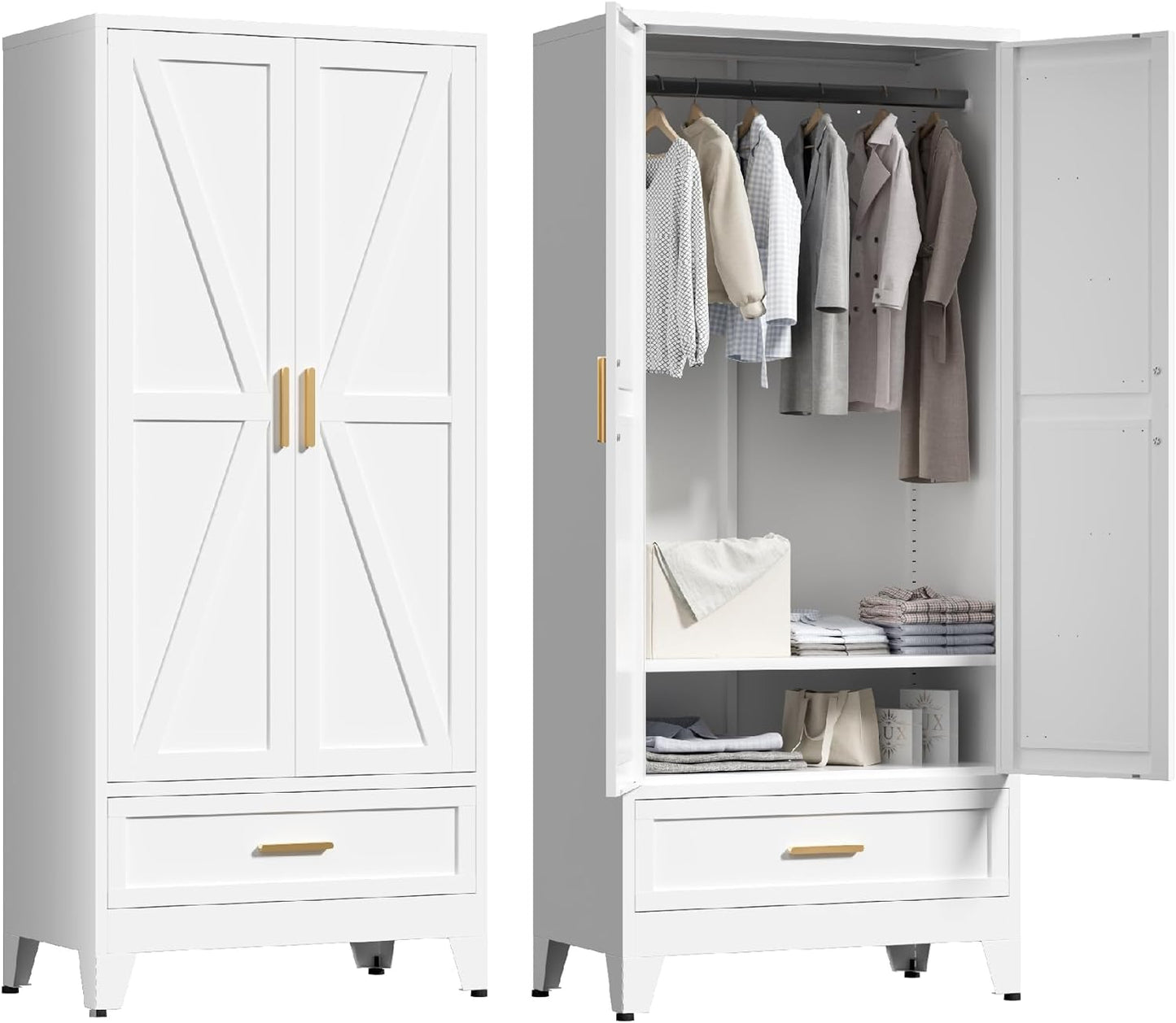 71'' Farmhouse Metal Wardrobe Cabinet with Hanging Rod, 2 Barn Door Wardrobe Closet with Adjustable Shelves,Drawer,for Dining Room,Bedroom,Living Room, Cloak Room,Office (White)