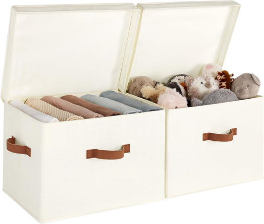 StorageWorks Fabric Storage Bins with Lid, Decorative Storage Boxes for Shelves, Stackable Closet Organizer Basket with Handles, Jumbo, Ivory White, 2-Pack