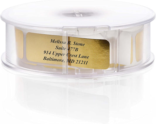 Gold Foil Personalized Return Address Labels with Elegant Dispenser - Roll of 500 Custom Stickers