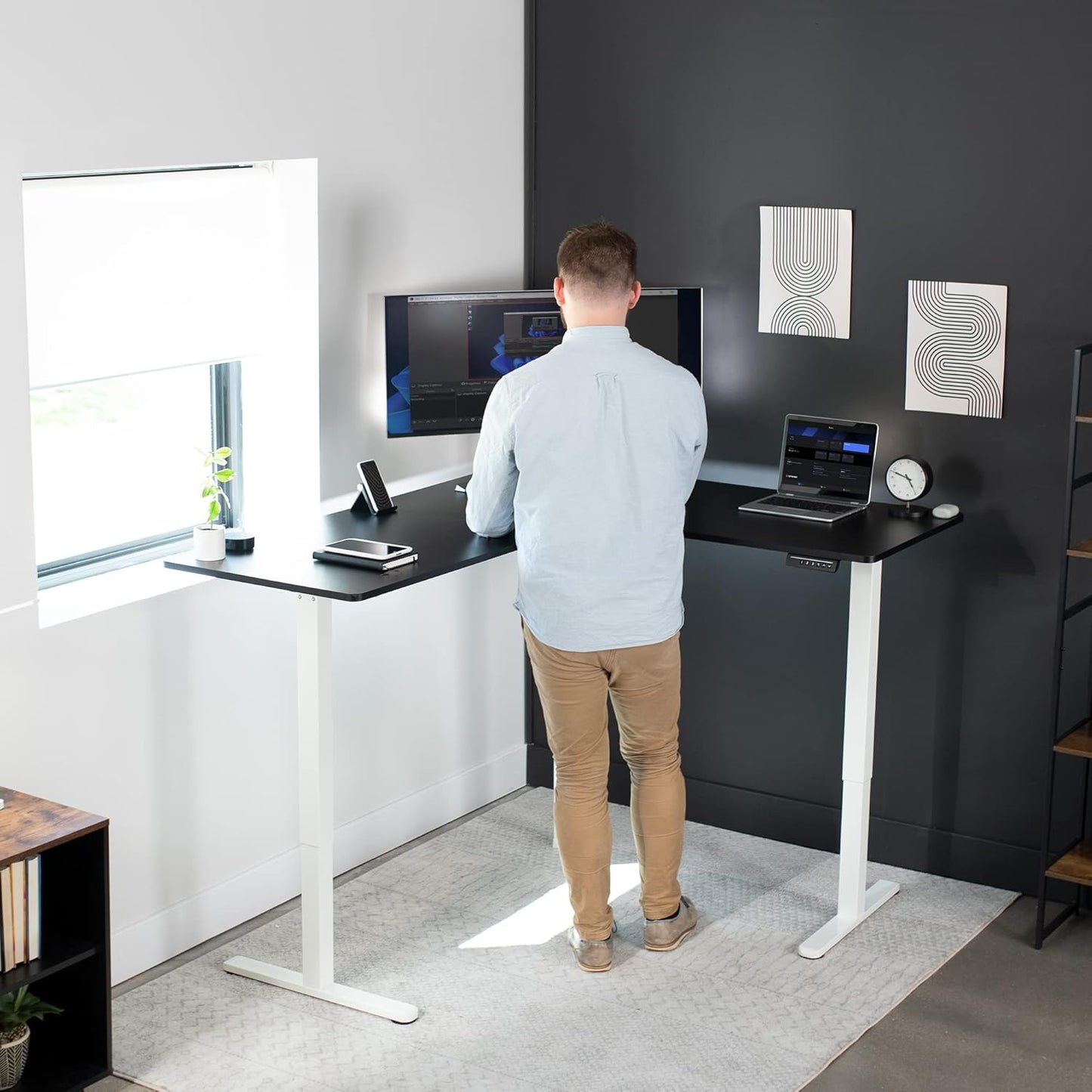 VIVO Electric Corner L-Shaped 63 x 55 in Standing Desk, Memory Height Adjustment, Black Top White Frame, DESK-E3CTWB