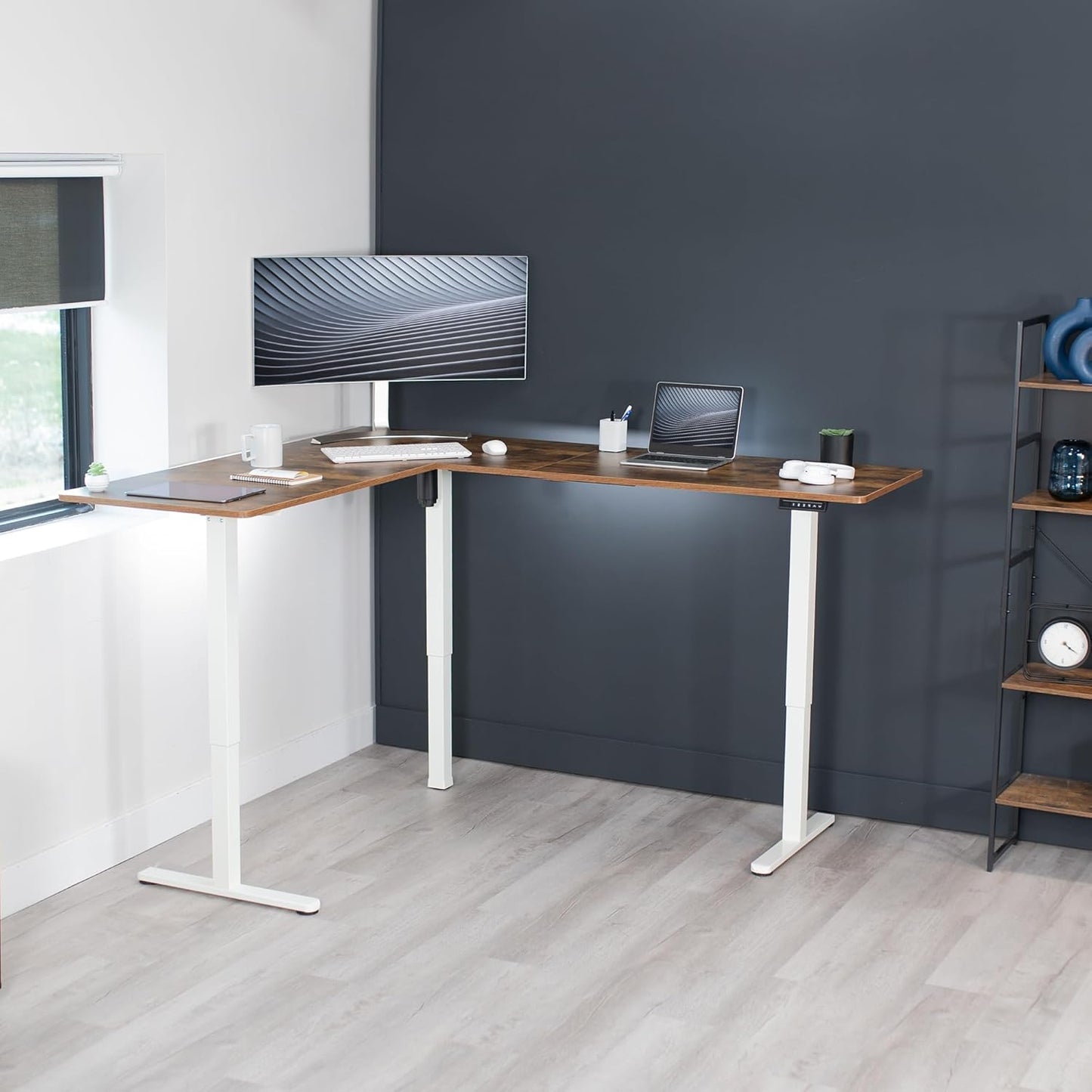VIVO Electric Corner L-Shaped 75 x 63 in Rustic Standing Desk, Memory Height Adjustment, Vintage Brown Top White Frame, DESK-E3CTWN-75