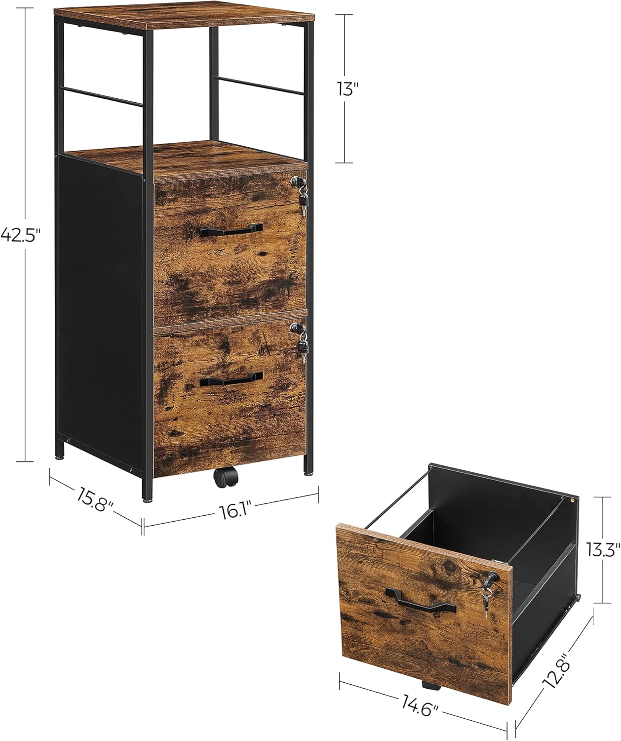 VASAGLE File Cabinet for Home Office, 2-Drawer Filing Cabinet with Lock, Open Shelf, Printer Stand, for A4 and Letter Sized Files, Adjustable Feet, Industrial, Rustic Brown and Ink Black UOFC045B01