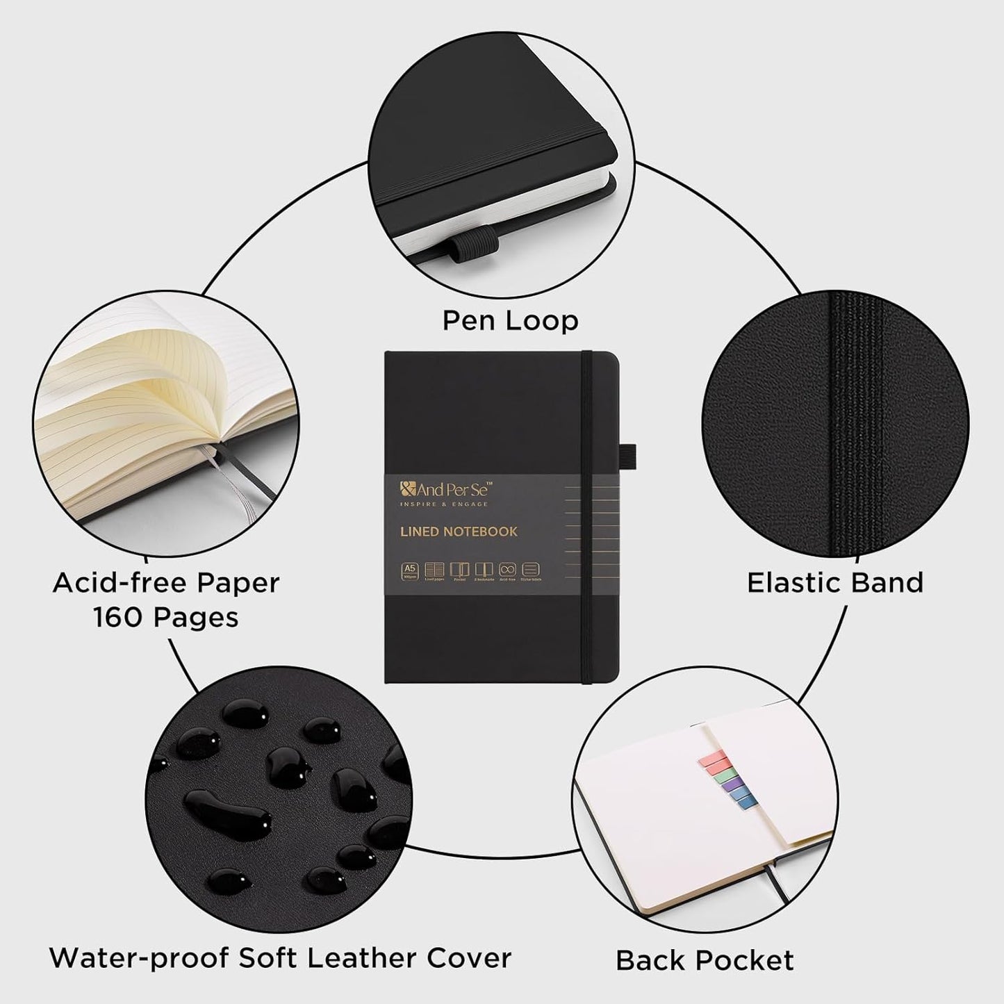 &And Per Se Lined Journal Notebook, 160 Pages, A5 5.7 x 8 inches College Ruled Thick Paper Notebook Journals for Writing, Hardcover Notebooks for Women Men Office School (1 Pack, Black)