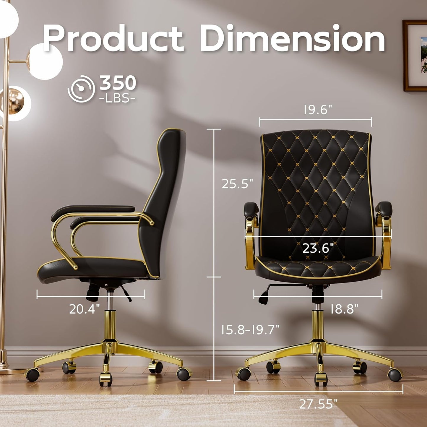 Black and Gold Office Chair with Soft Leather Embroidery, Mid Back Vintage Swivel Executive Desk Chair with Wheels and Padded Arms, Adjustable Height