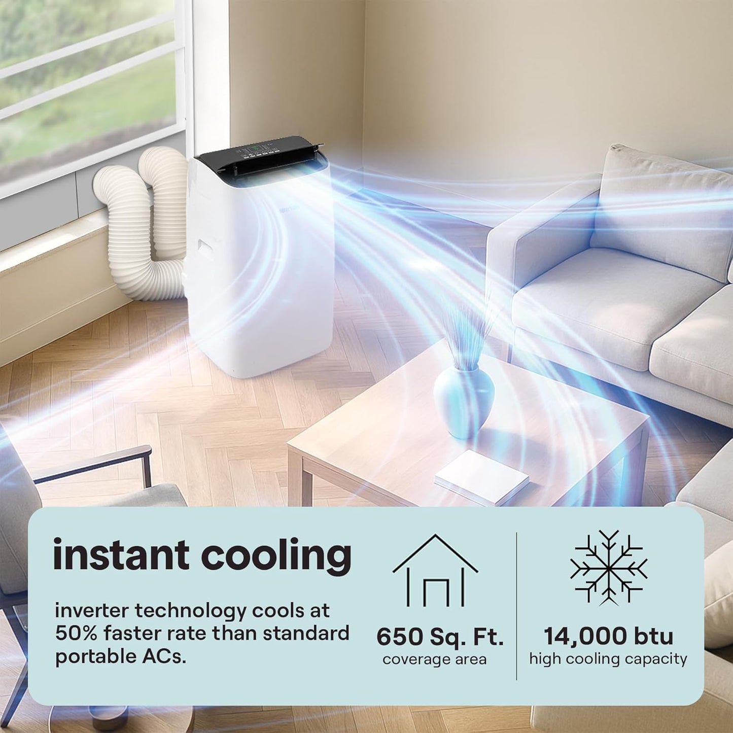 SereneLife 14000 BTU Portable Inverter Air Conditioner, 115V Smart Cooling & Heating with WiFi, Energy Efficient, For Bedrooms, Living Spaces & Offices, 650 Sq Ft Coverage, (White)