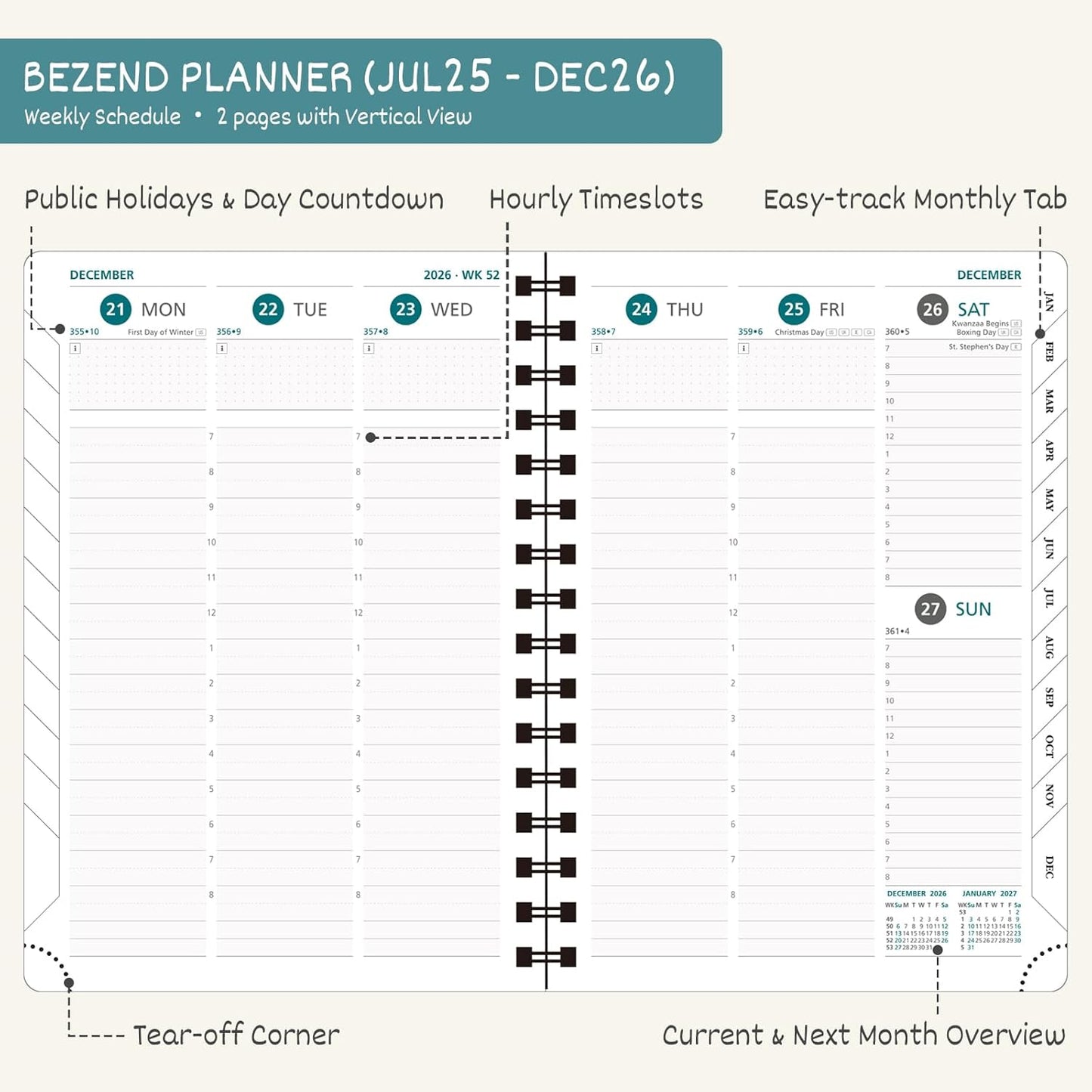 BEZEND Planner 2025-2026 Weekly and Monthly, 5.8" x 8.5" Academic Calendar (Jul 25-Dec 26) Vertical Daily Appointment with Hourly Timeslot & Monthly Tab, Spiral, PU Leather Softcover - Cornflower