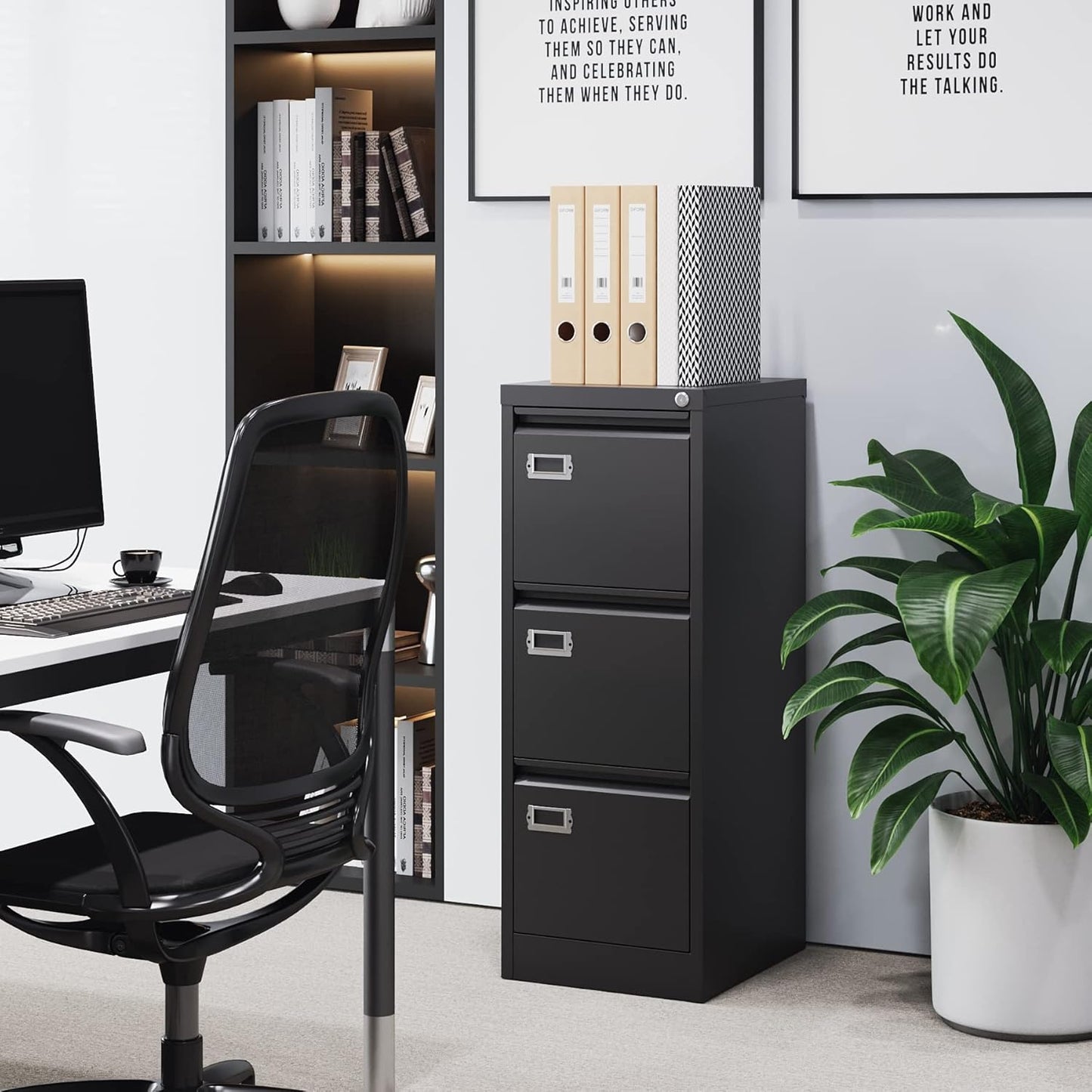 3 Drawer File Cabinet with Lock Metal Vertical File Cabinet Office Home Narrow File Cabinet for A4 Legal/Letter Size,Assembly Required (Black, 3 Drawers-Vertical)