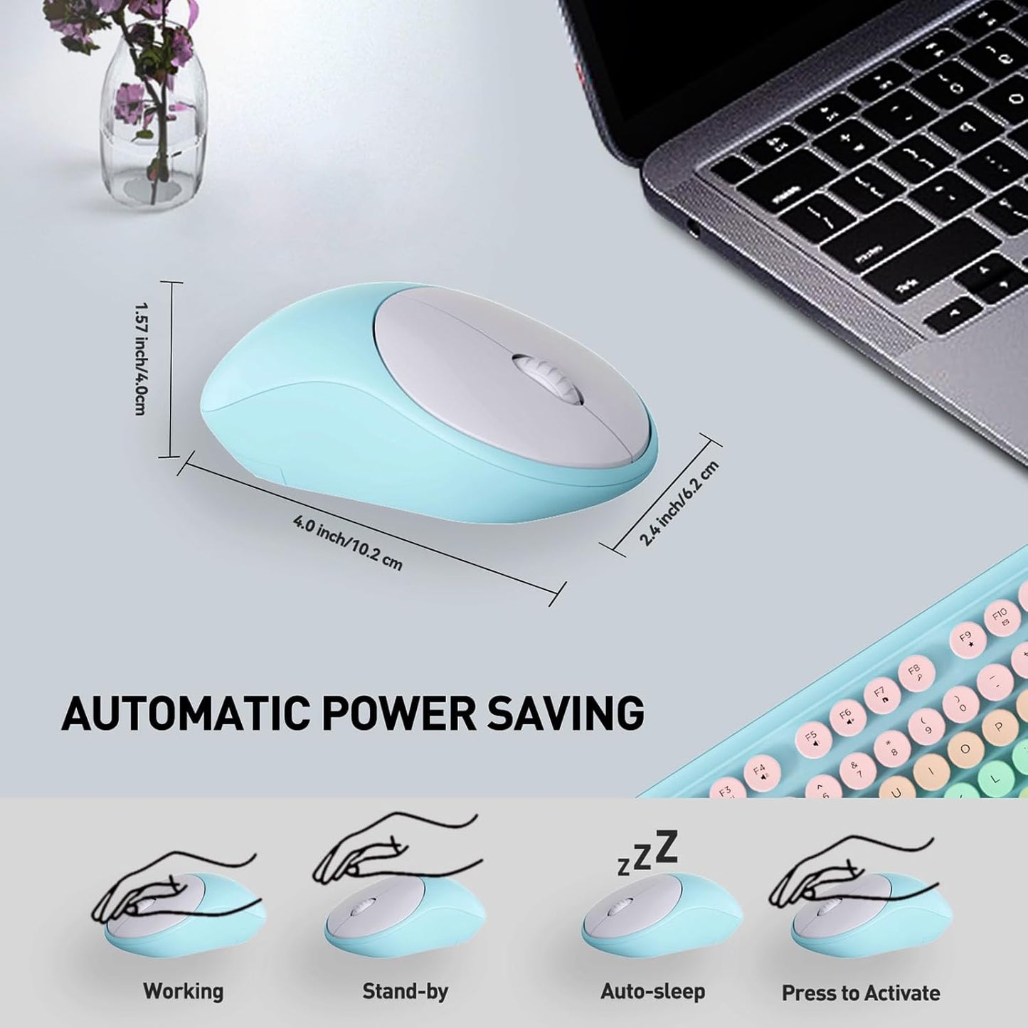 Keyboard and Mouse Wireless,2.4Ghz Retro Typewriter Style Round Keycap,Full Size Wireless Keyboard Mouse Combo,Cute Cordless Keyboard Mouse Set for PC Laptop Desktop Computer-Green White Pink Colorful