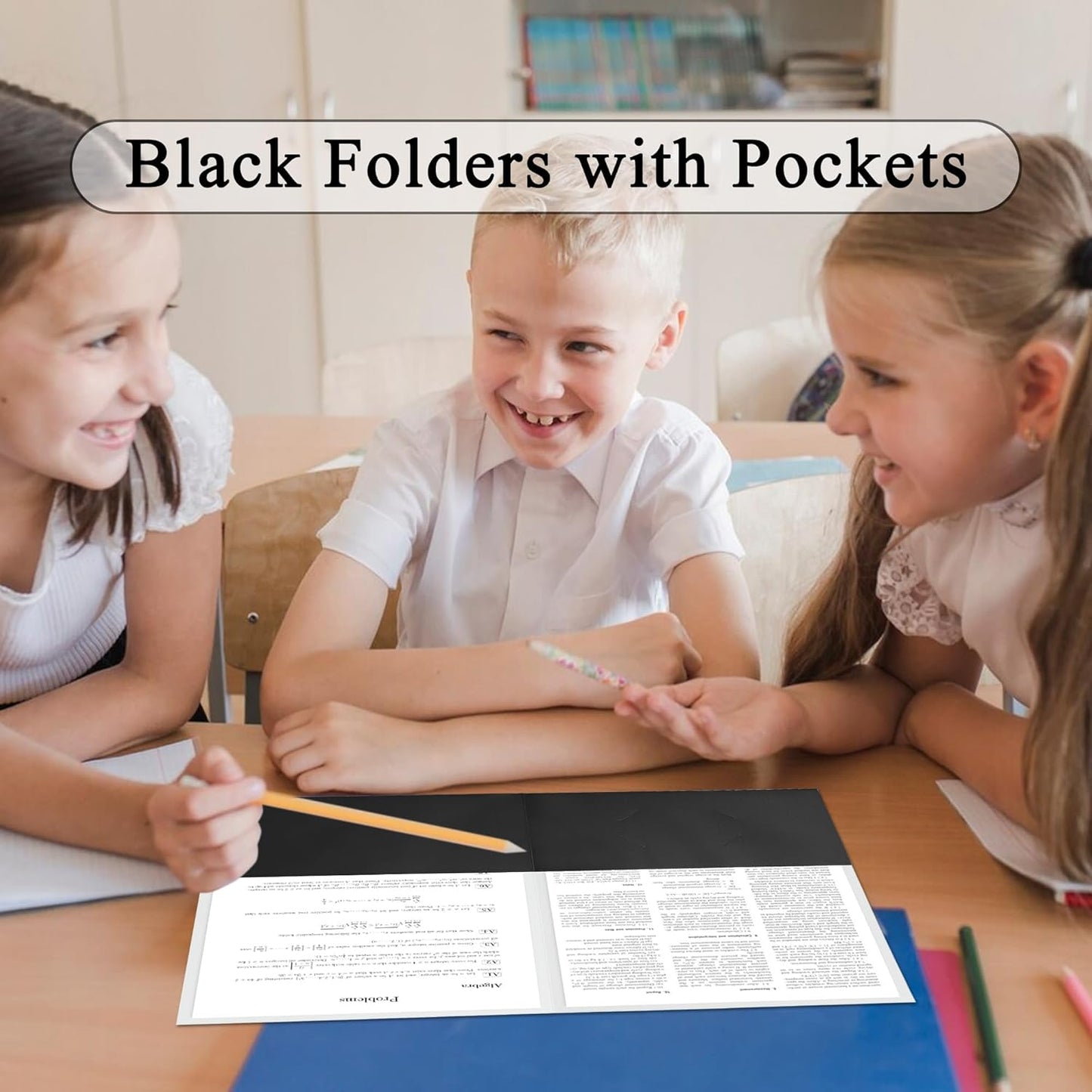 Zzrywuty 50 Packs Two Pocket File Folders with Business Card Slot,Textured Paper,Letter Size,Holds 100 Sheets for School,Office,Business,Black