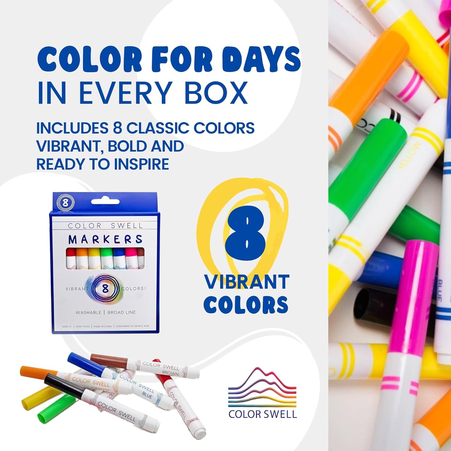 Color Swell Super Tip Markers 6 Boxes of 8 Washable Vibrant Colors (48 Total) Perfect Bulk Marker Pack for Kids, Parties, Classrooms