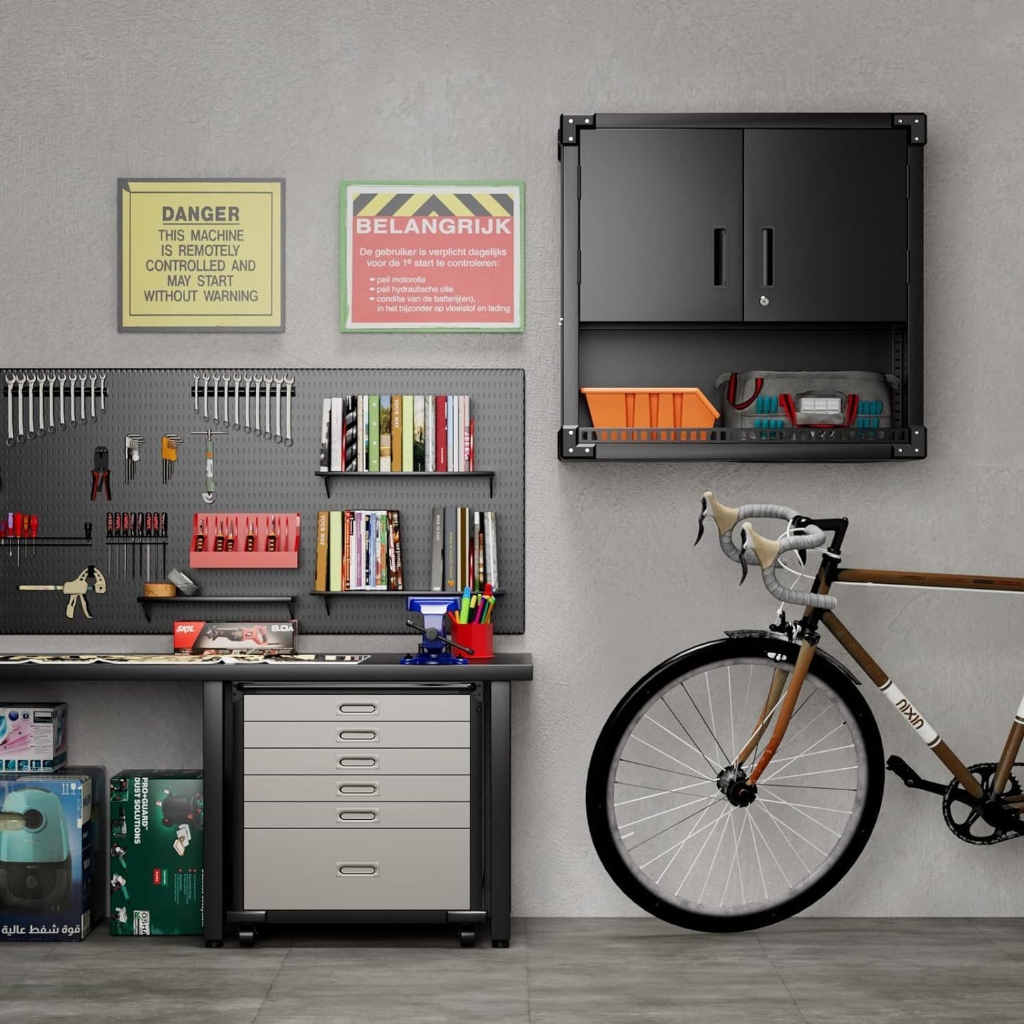 INTERGREAT Metal Wall Storage Cabinet with Locking Door and Adjustable Shelves, 31" Black Wall-Mounted Tool Cabinet for Garage,Warehouse,Office,Basement