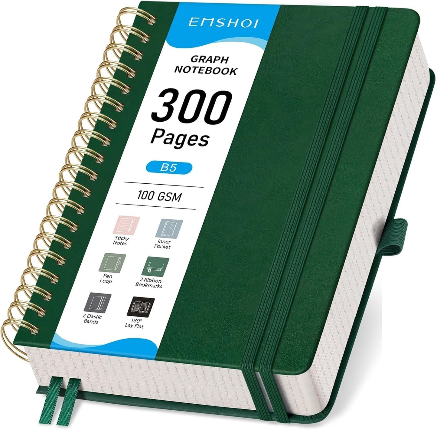 EMSHOI Spiral Graph Paper Notebook - 300 Pages, 100 GSM Thick Grid Notebook, B5 Large Hardcover Leather Journal for Women Men Work School Writing Engineering Graphing, 7.48" x 10.15", Dark Green