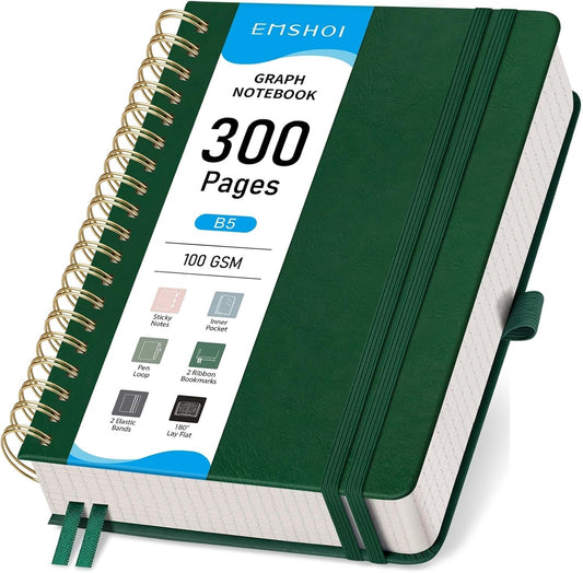 EMSHOI Spiral Graph Paper Notebook - 300 Pages, 100 GSM Thick Grid Notebook, B5 Large Hardcover Leather Journal for Women Men Work School Writing Engineering Graphing, 7.48" x 10.15", Dark Green